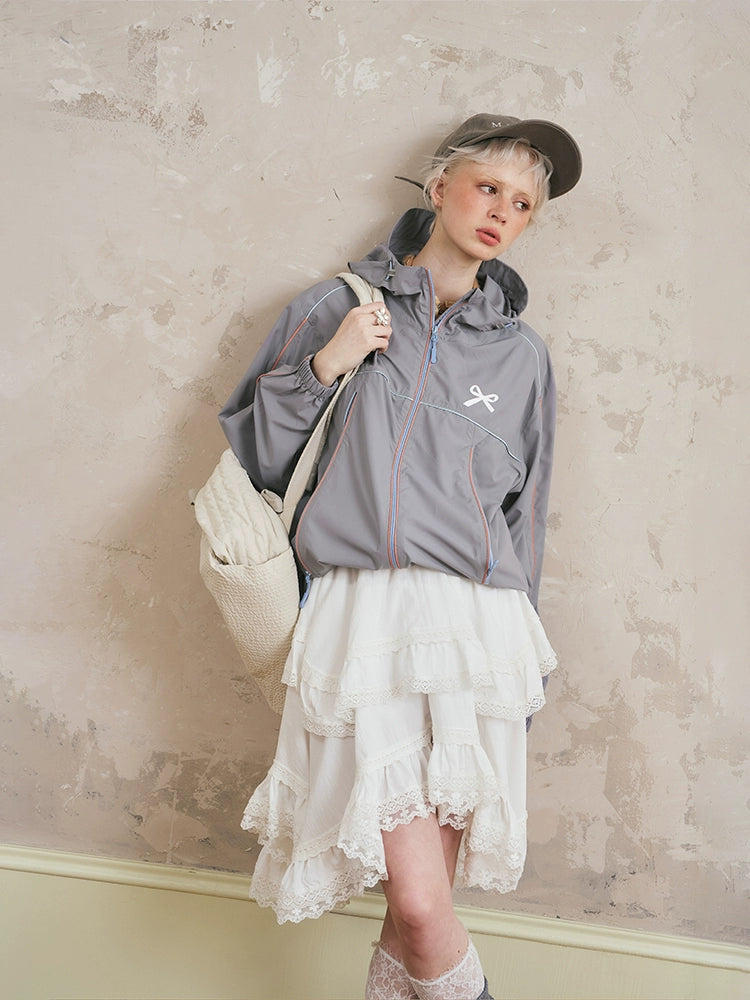 Sporty Hooded Jacket & Tiered Lace Midi Skirt Set
