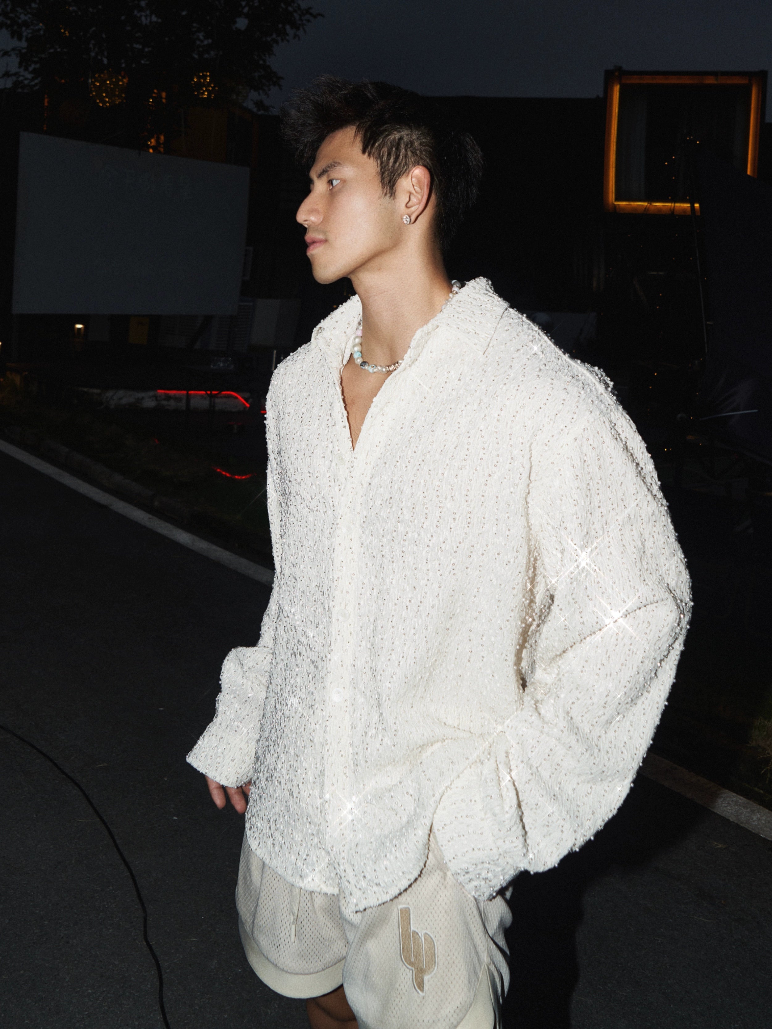 Oversized White Textured Button-Up Shirt