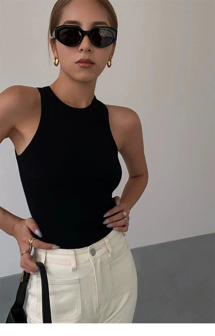 Summer Black Knitted Spaghetti Strap Tank Top - chiclara