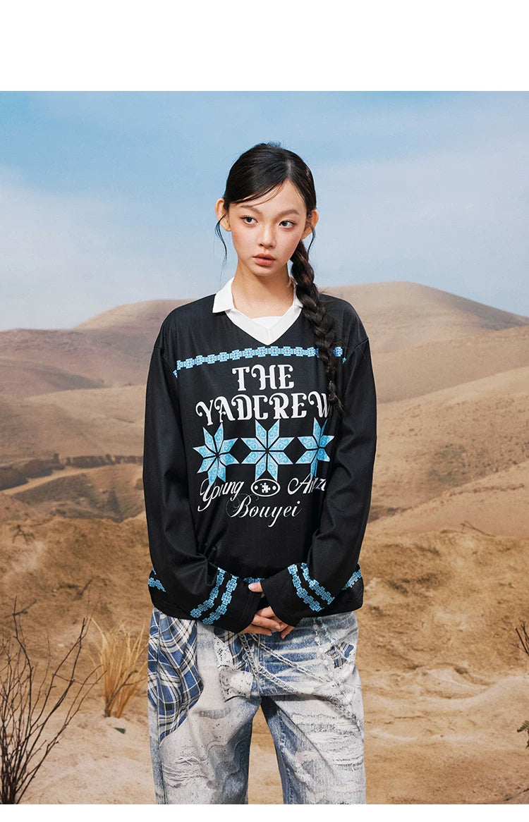 Geometric Graphic Collared Long Sleeve Shirt