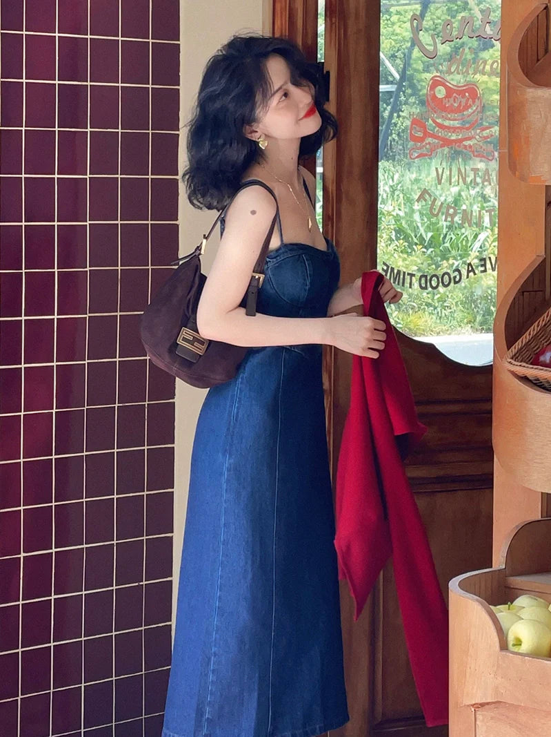 Dark Wash Denim Bustier Midi Dress