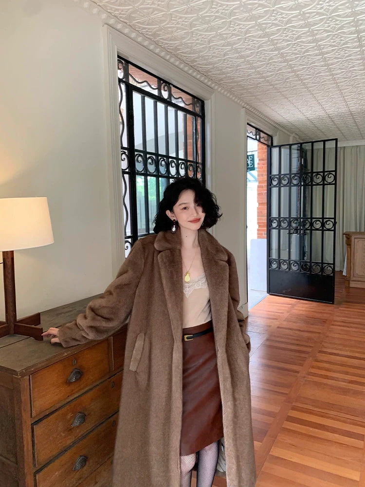 Long Brown Faux Fur Lapel Coat