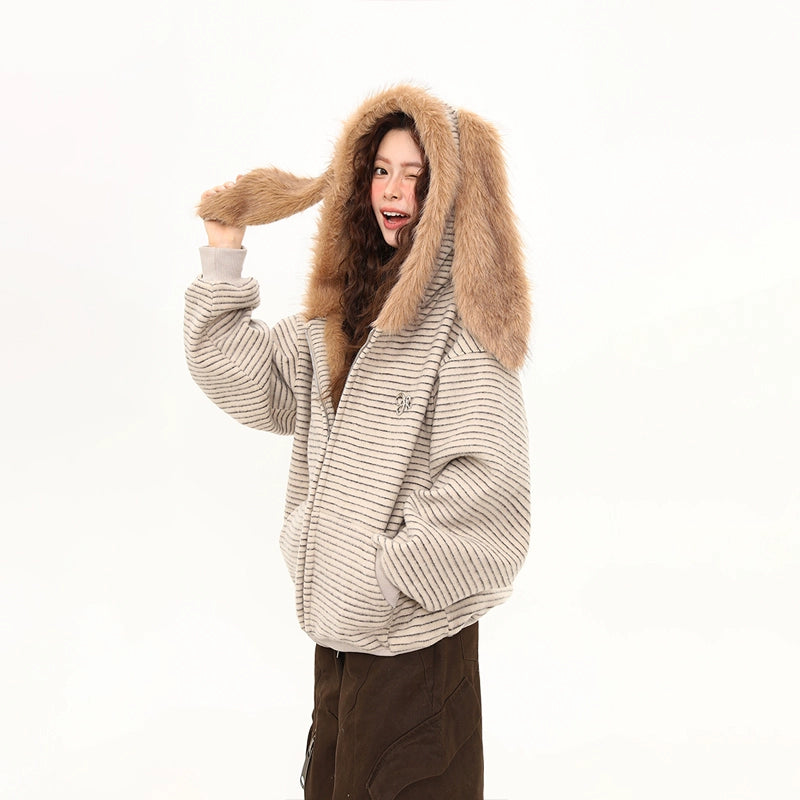 Fluffy Bunny Ear Stripe Hoodie