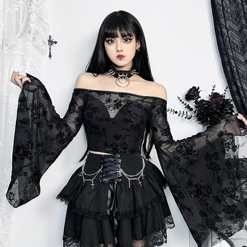 Wannathis Gothic Lolita Mini Jupe - Rouffle noire à la taille à lacets et chaînes transversales