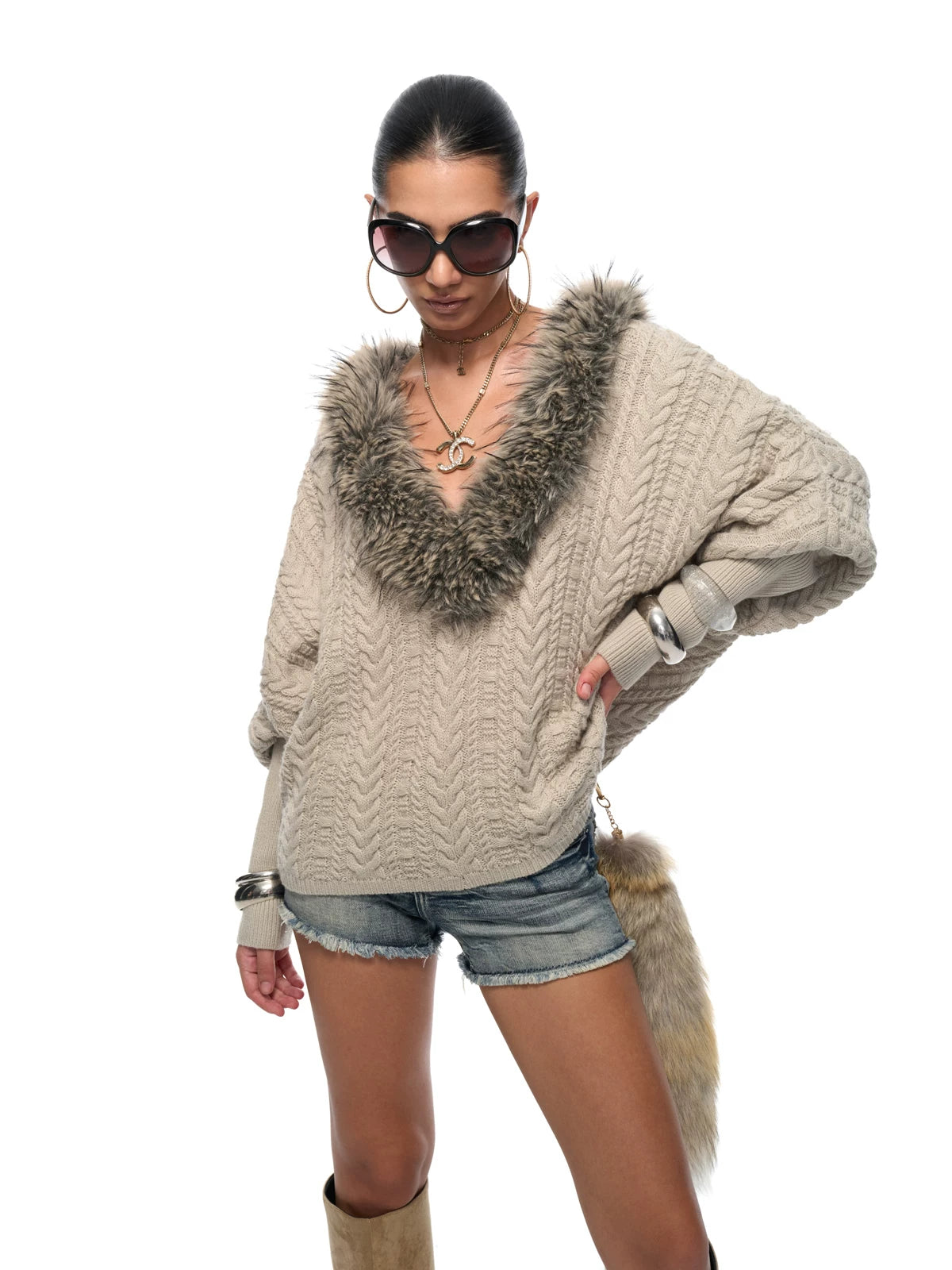 Frost Collar Slouchy Cable Knit Sweater