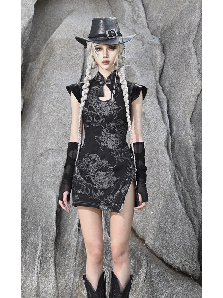 블랙 치파오 스타일 미니 드레스