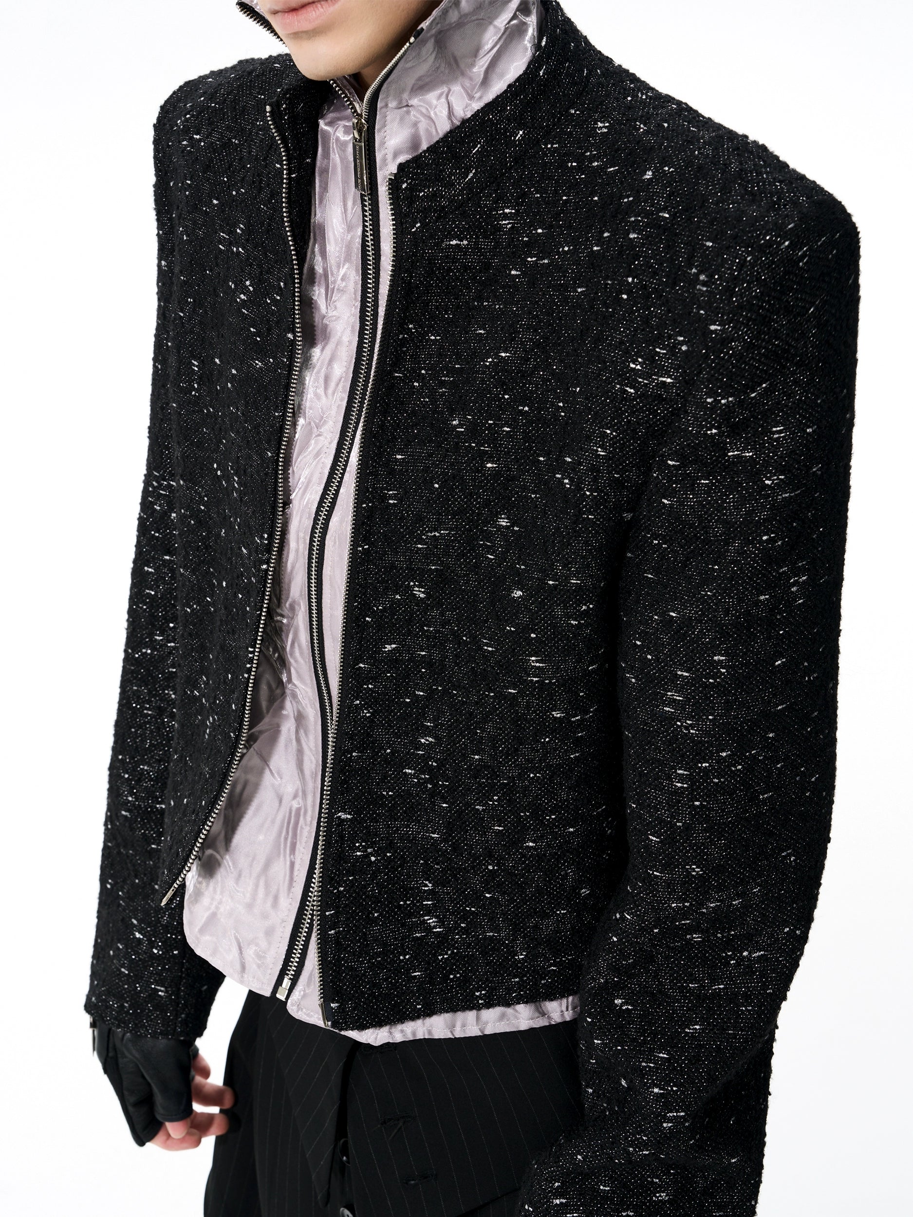 Textured Black Cropped Jacket with Satin High Collar