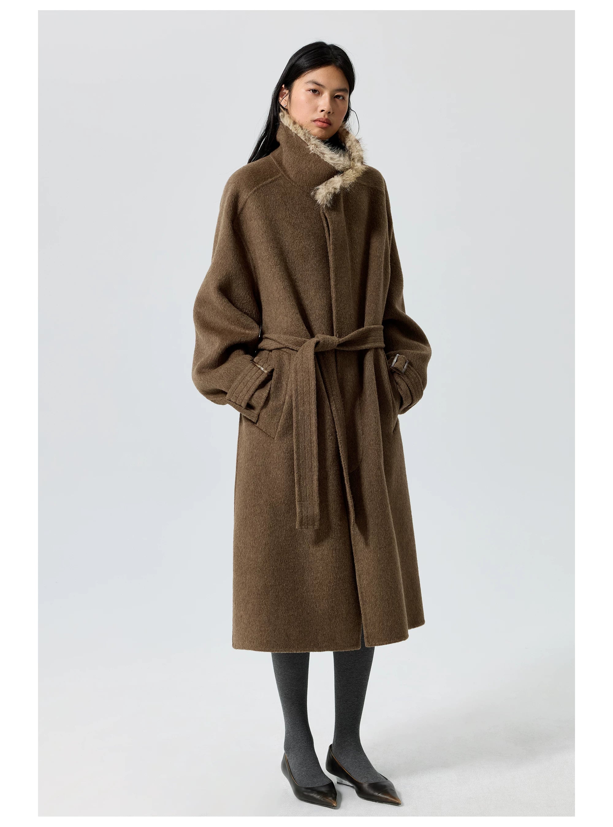 Belted Fur-Trim Collar Coat