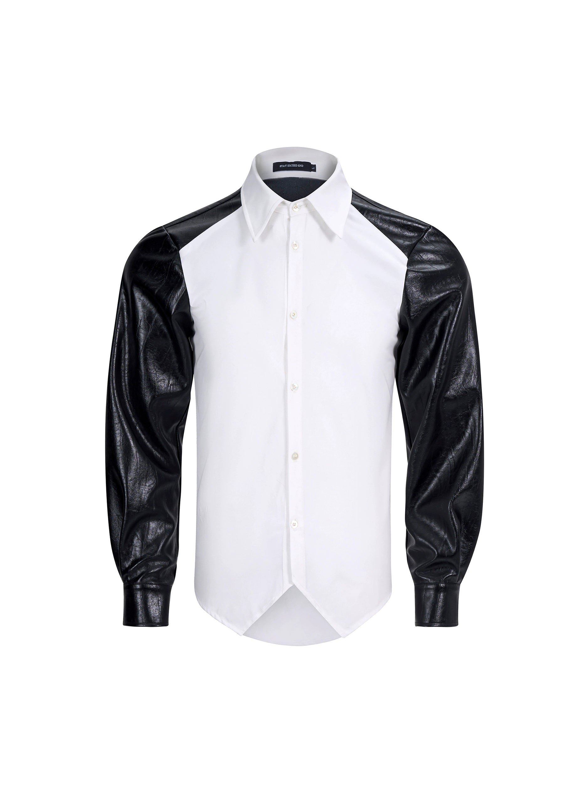 White Shirt with Black Faux Leather Sleeves