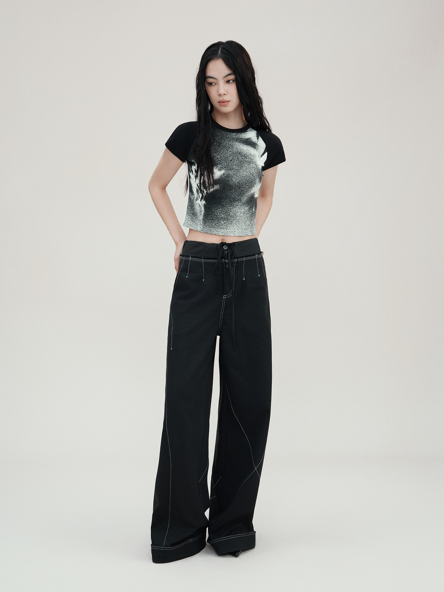 Black Contrast Stitch Wide Leg Pants