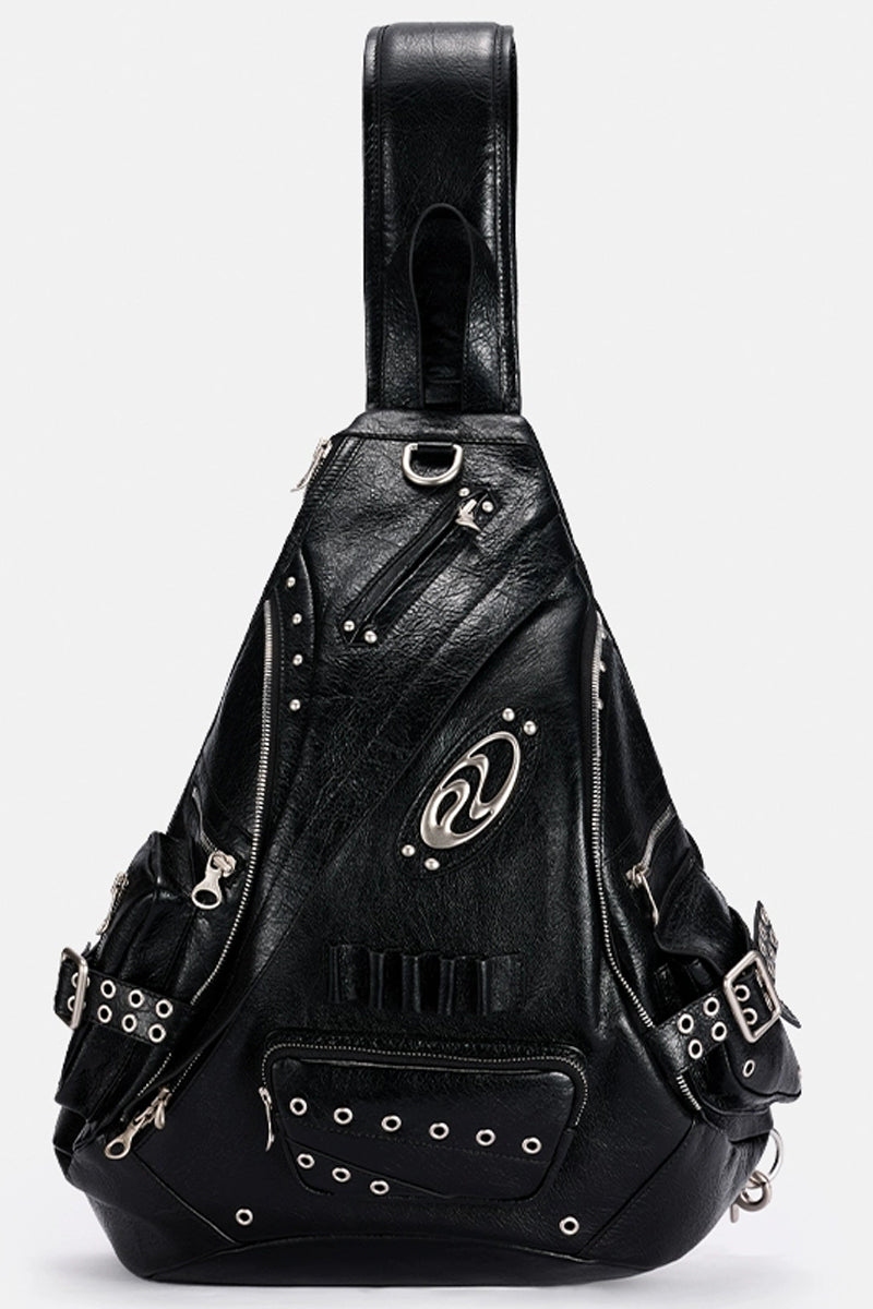 Distressed Triangle Backpack with Grommets and Zippers