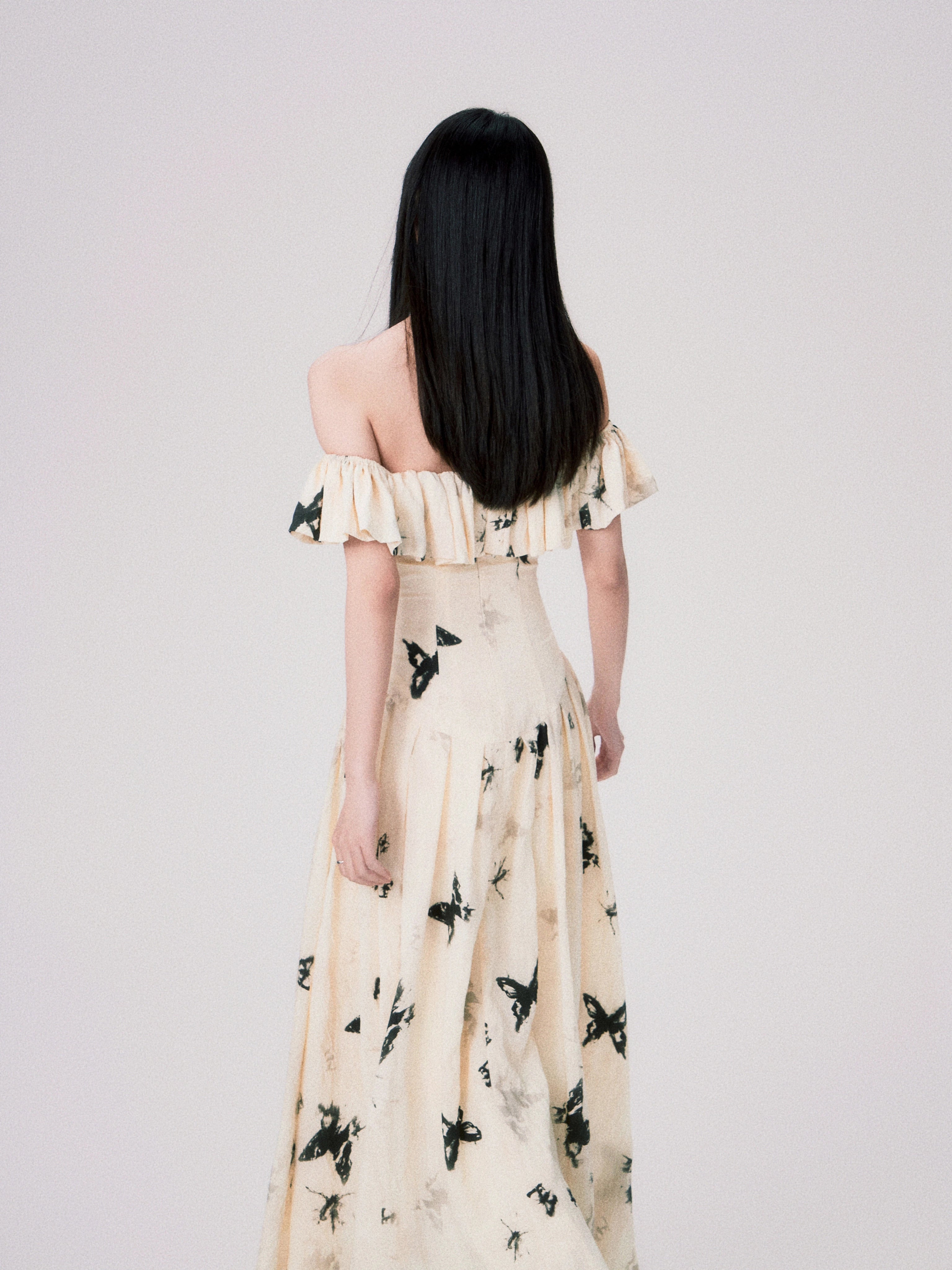 French Ink Butterfly Print Off-Shoulder Dress - chiclara
