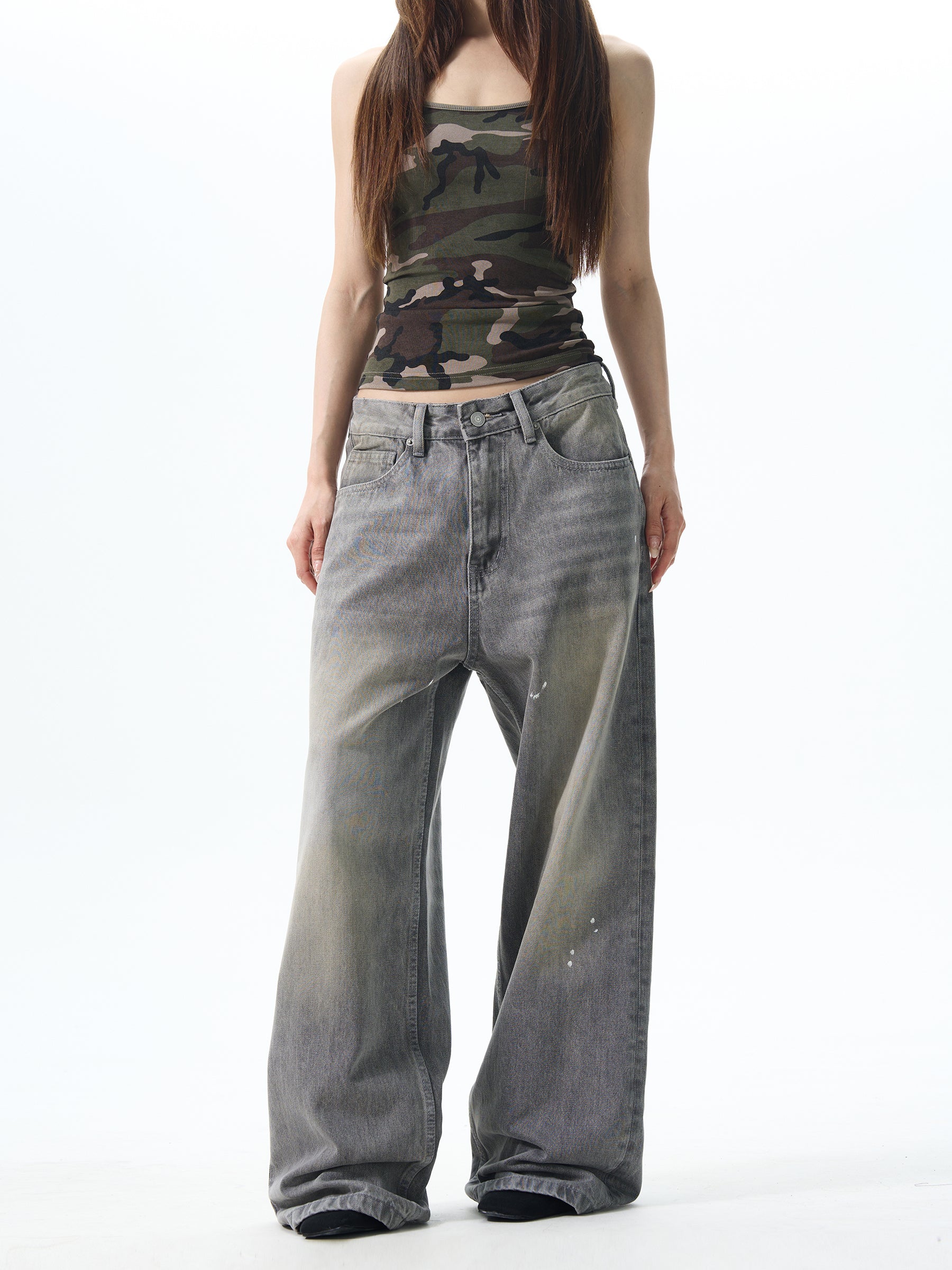 Gray Washed Wide Leg Jeans