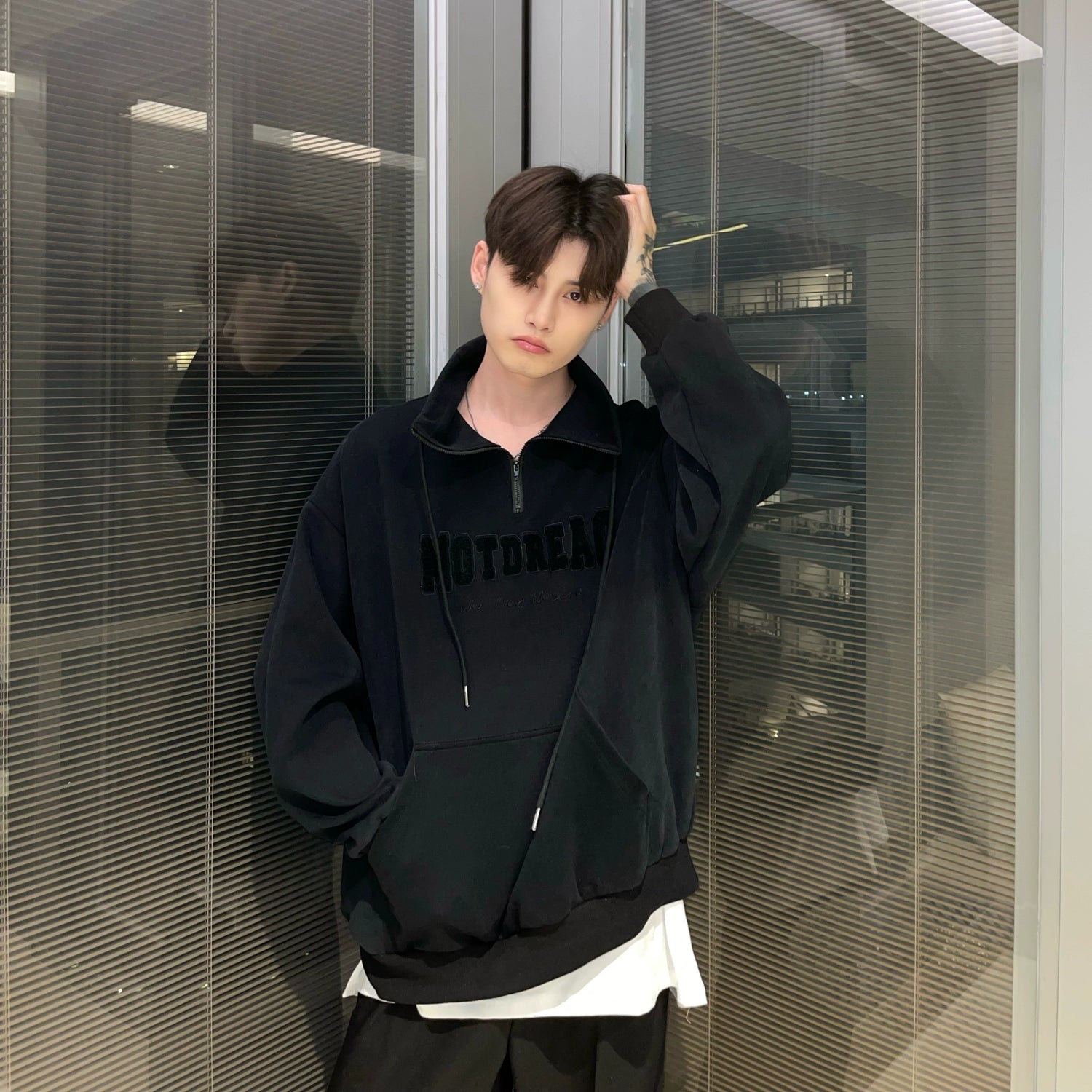 Quarter-Zip Mock Neck Sweatshirt with Embroidered Text