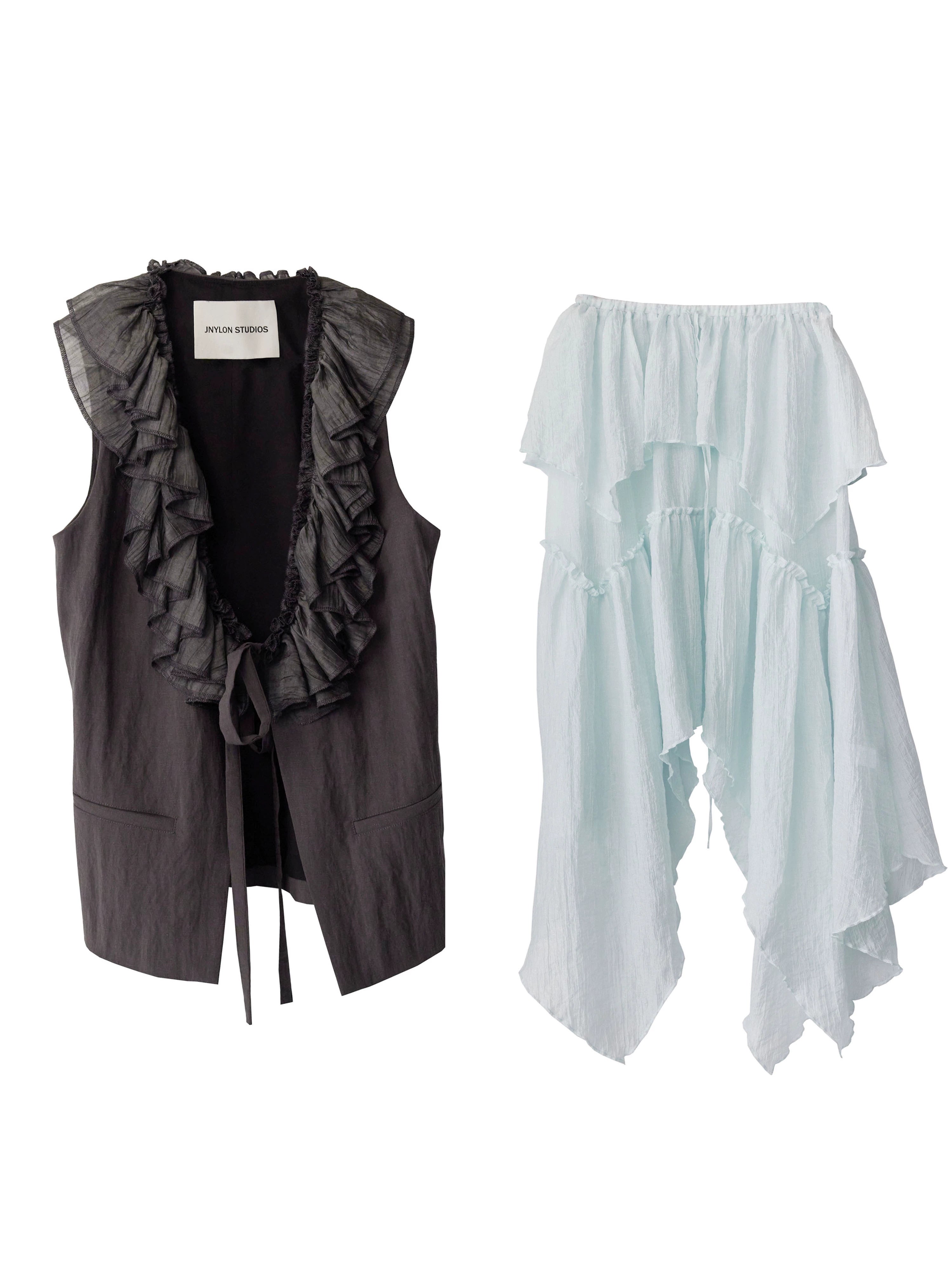 Dark Ruffle Vest & Green Layered Skirt