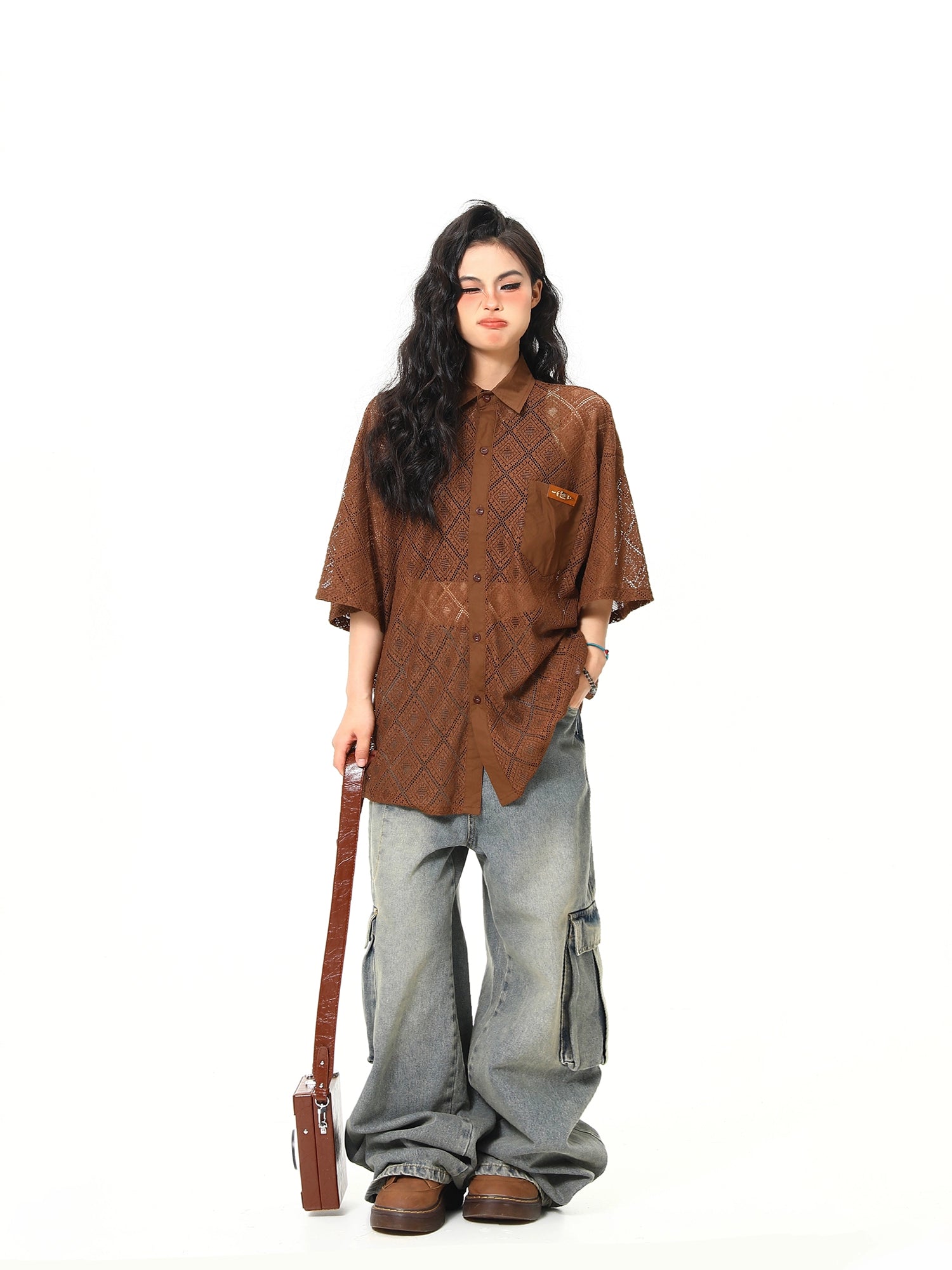 Sheer Geometric Lace Button-Up Shirt