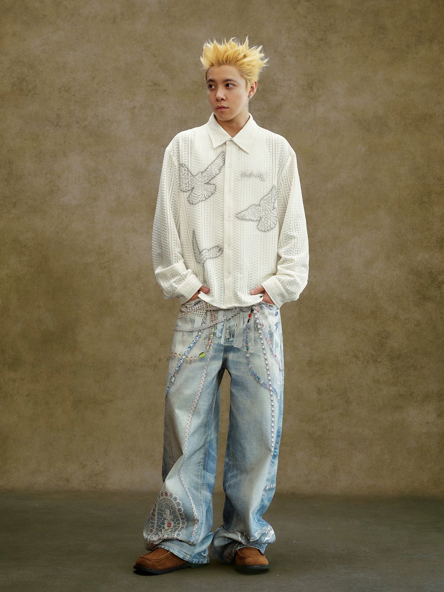 Ivory Embroidered Bird Lace Long Sleeve Shirt