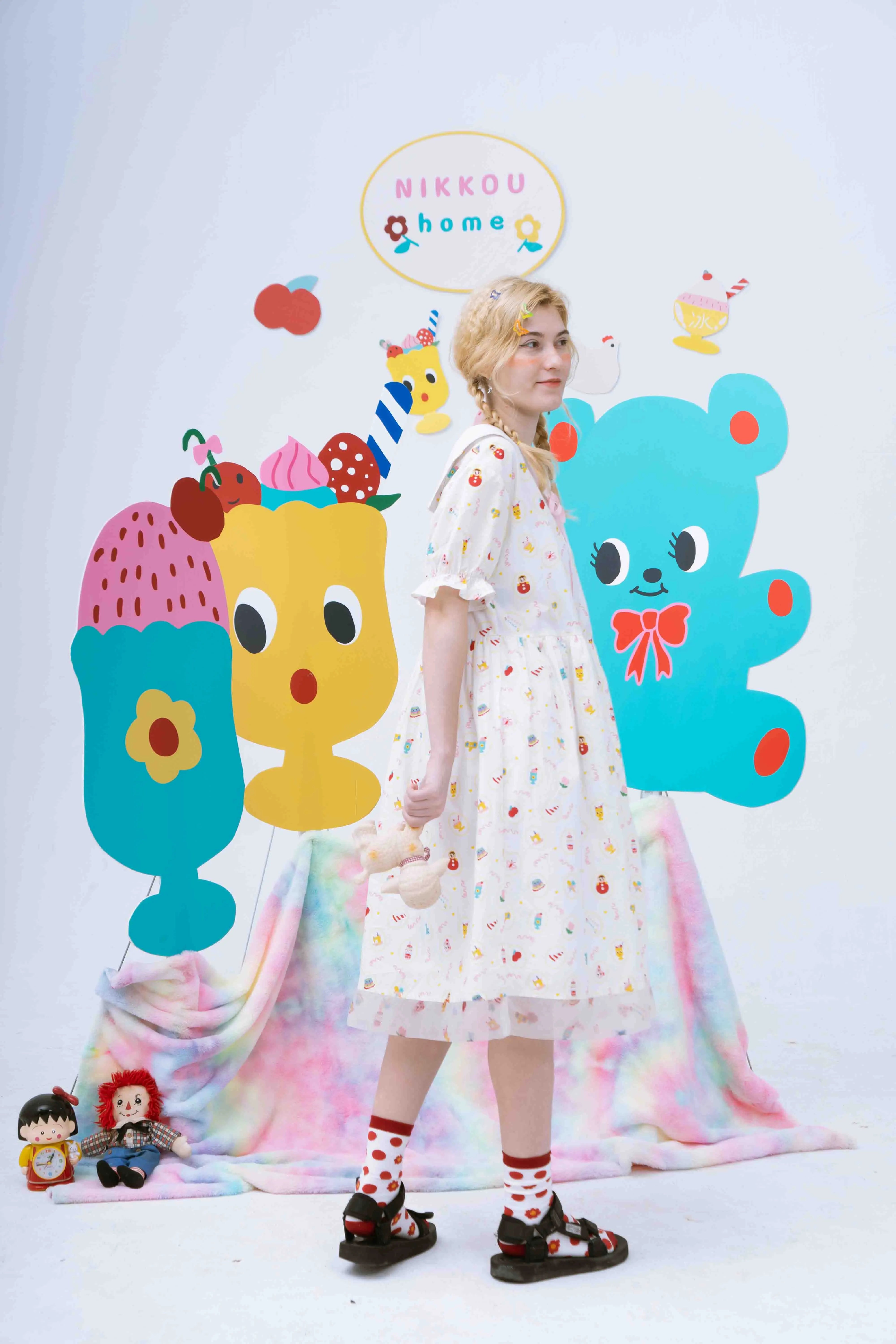 Sweet Milkshake Print Ruffle Babydoll Dress