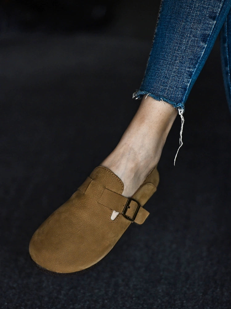 Tan Buckle Leather Slip Loafers