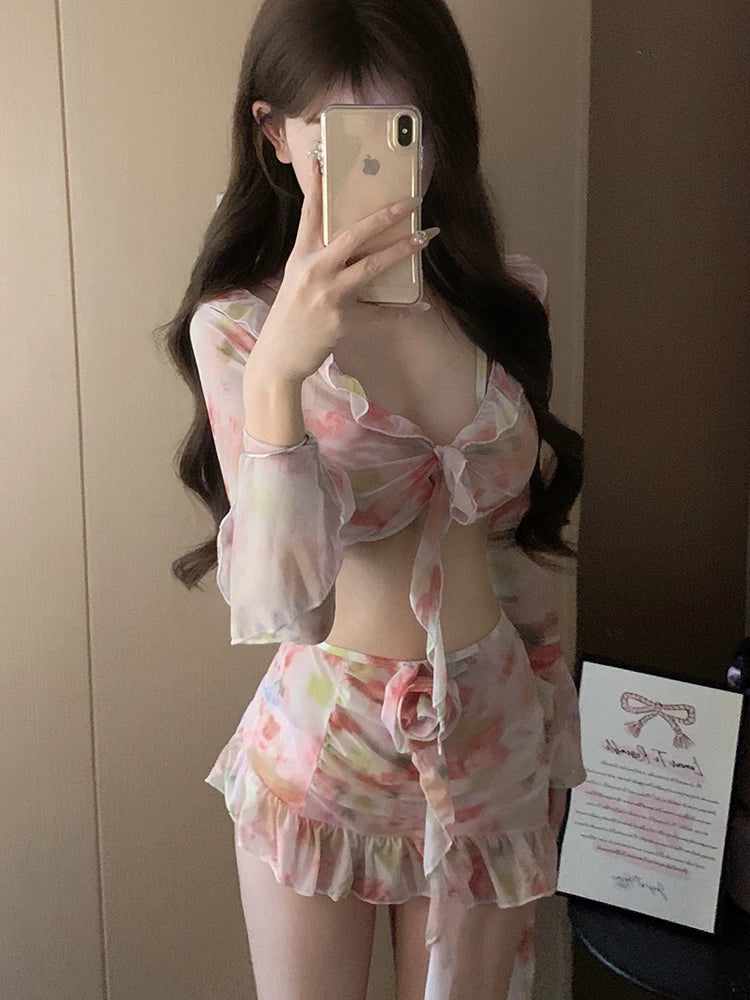 Watercolor Whisper Ruffle Chiffon Swim Set