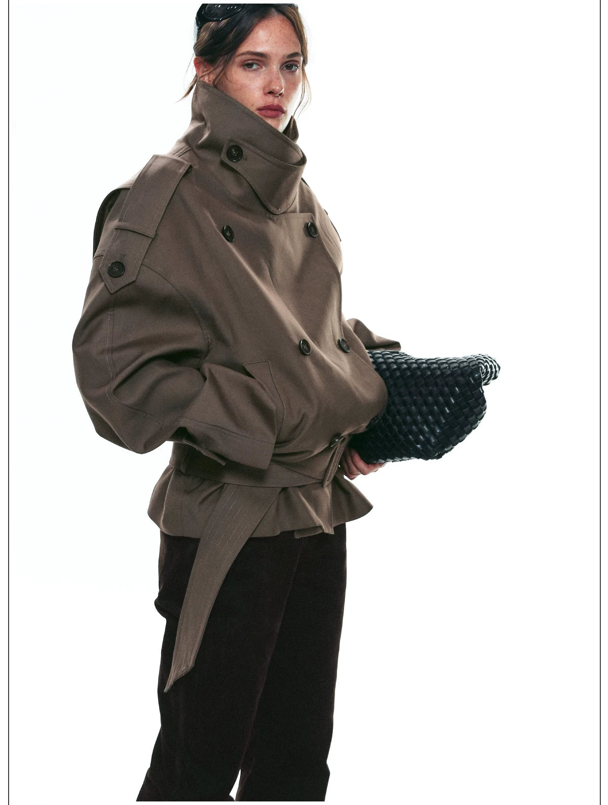 Draped Collar Belted Trench Jacket