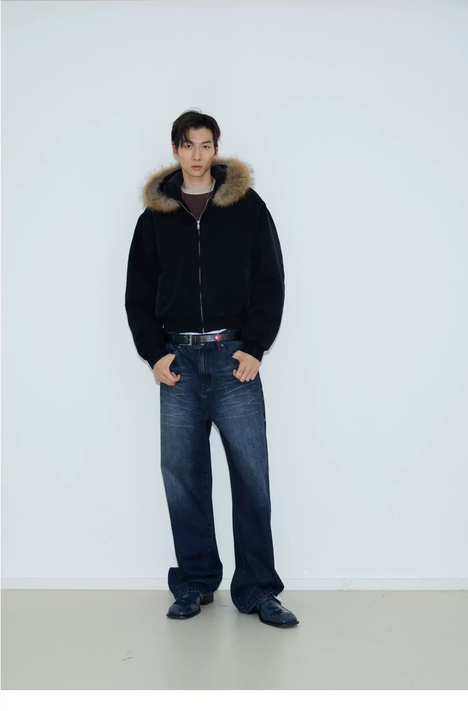 Midnight Tundra Faux‑Fur Hood Bomber