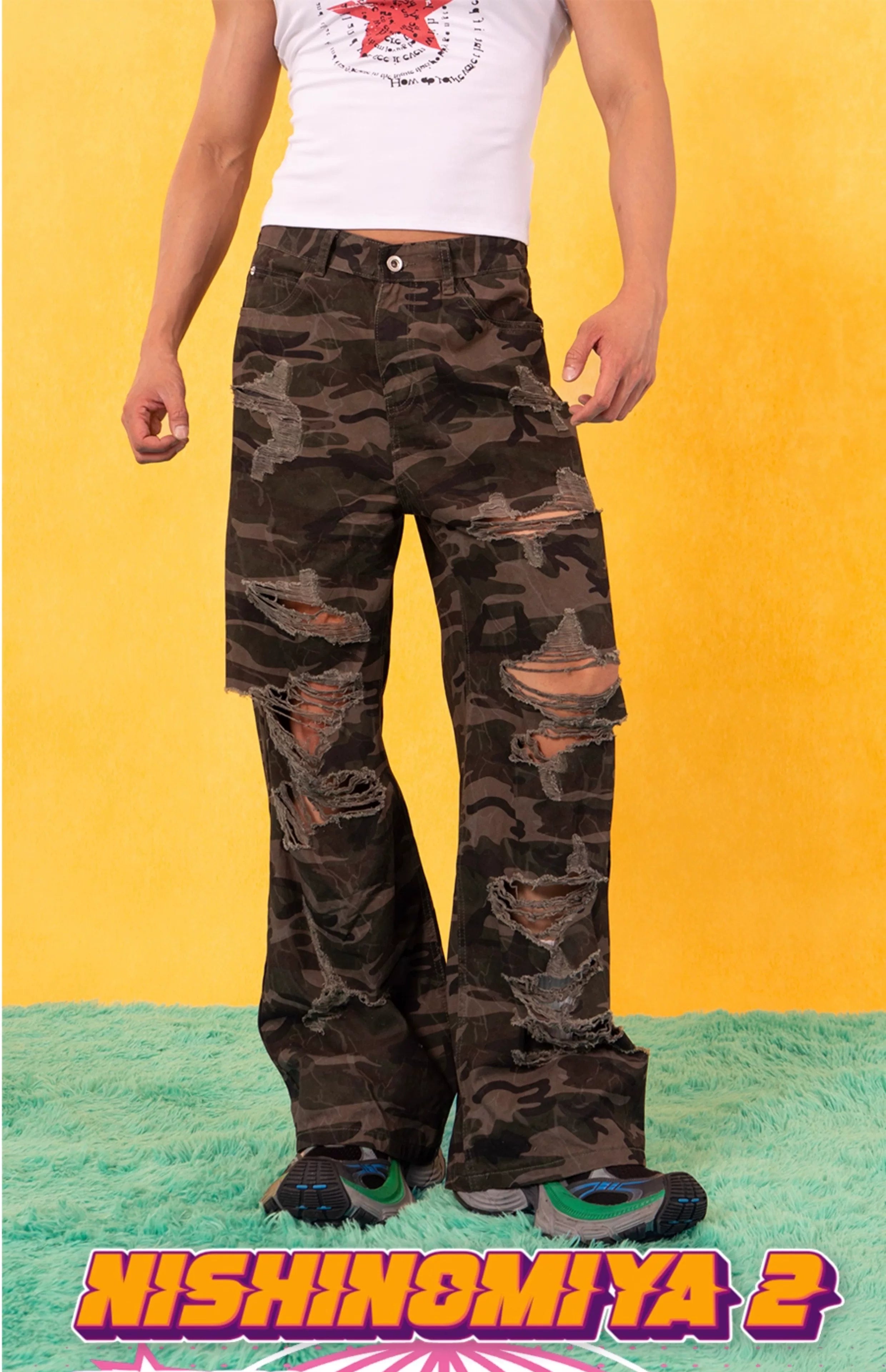 Shred Zone Destroyed Camo Wide-Leg Pants