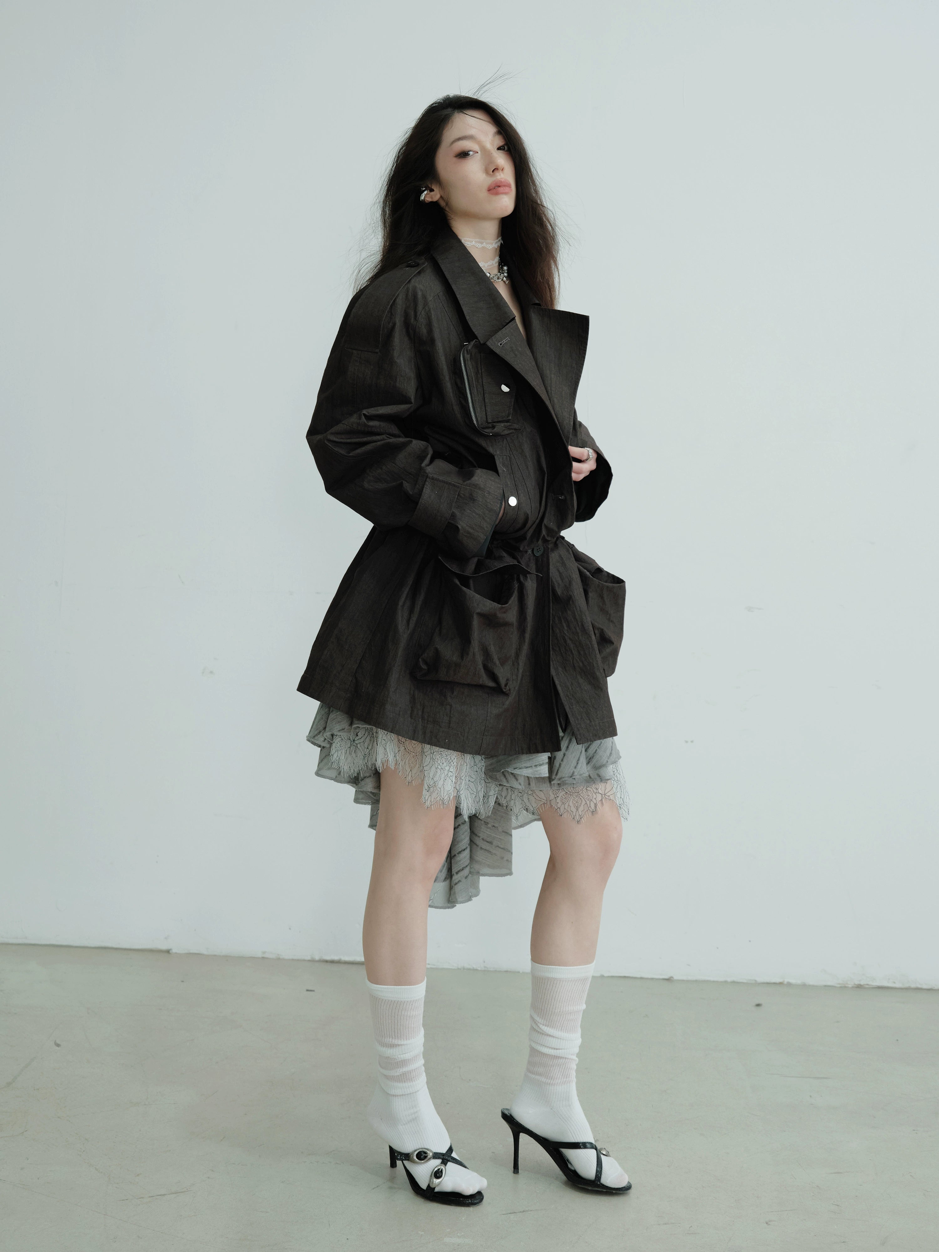 Belted Utility Pocket Military Jacket Black