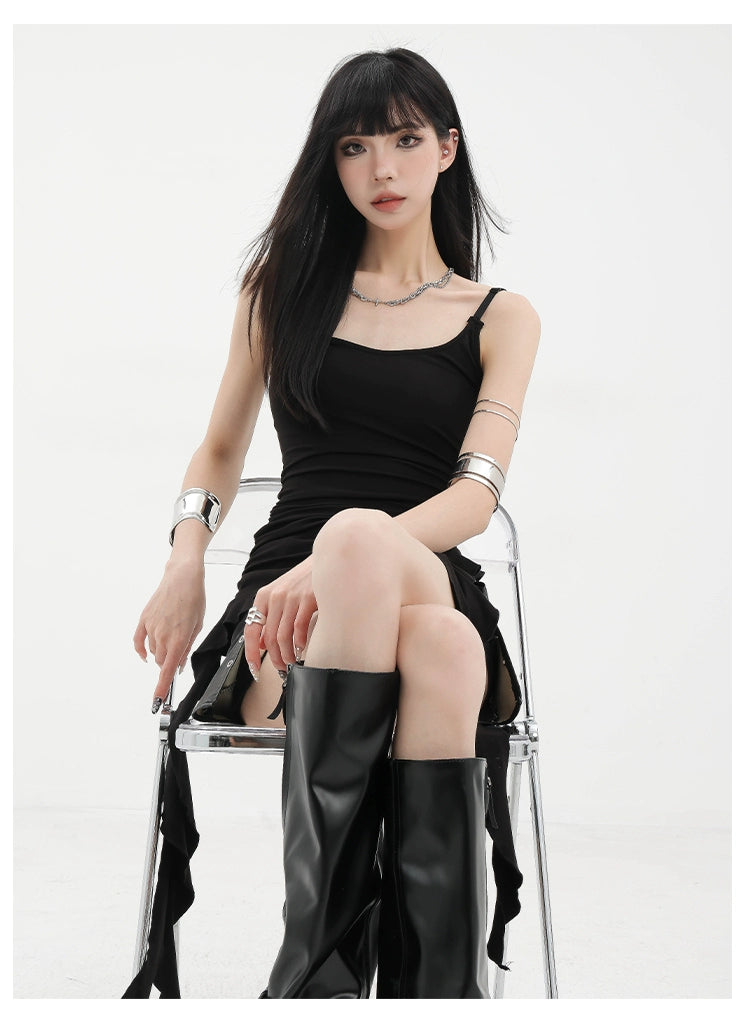 Black Asymmetric Ribbon Strap Tank Top With Ruffle Edge Design - chiclara