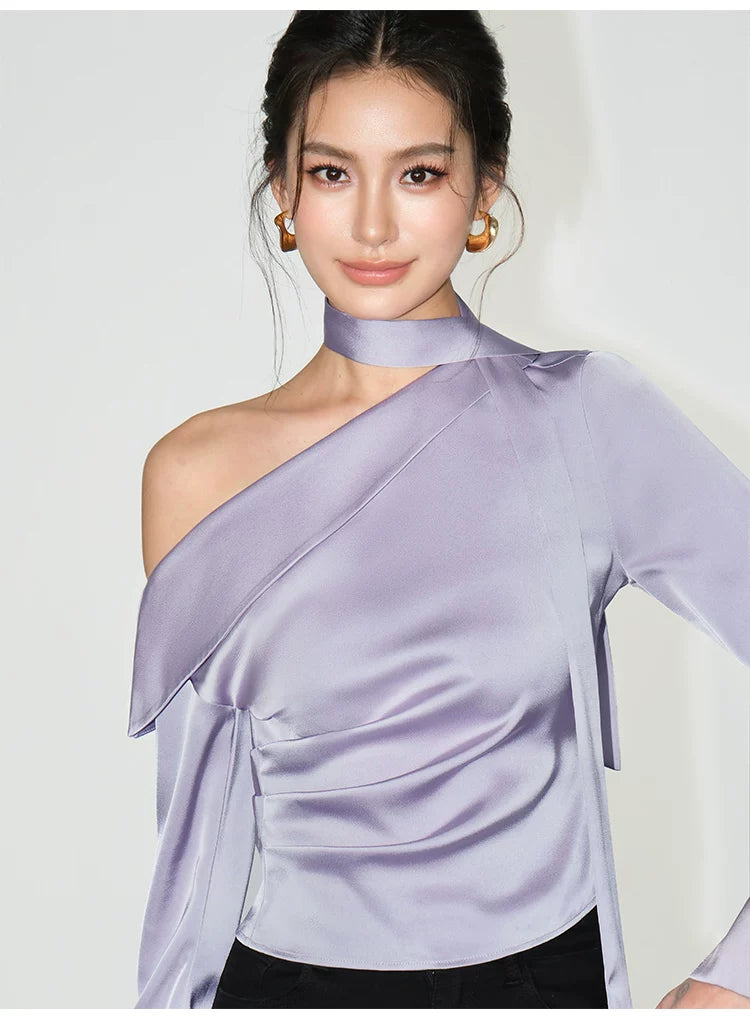 Asymmetric Choker Satin Ruched Blouse