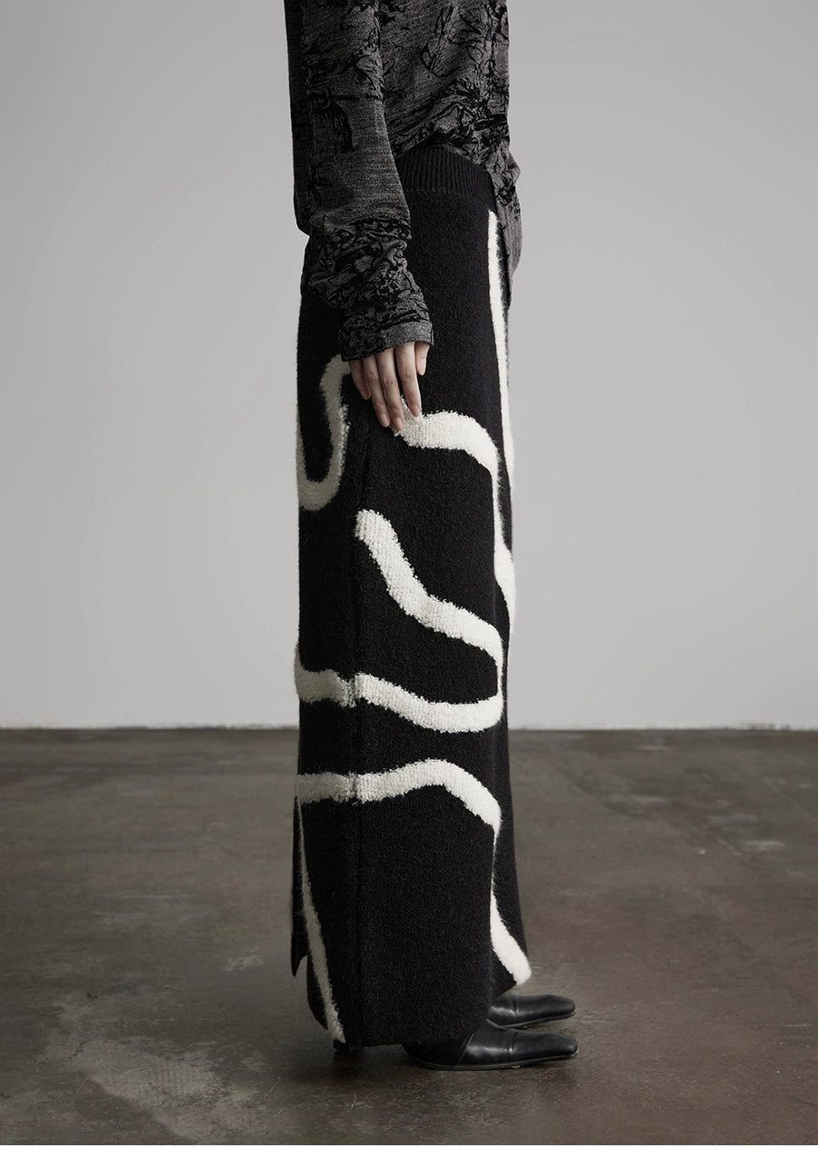 White Striped Black Knit Straight Skirt