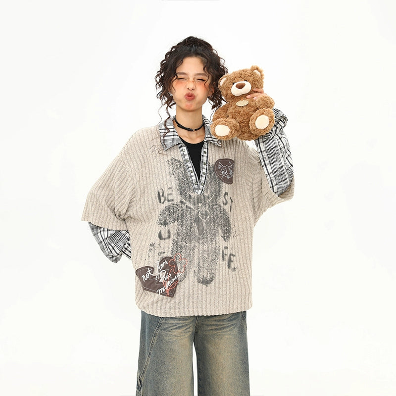 Teddy Graffiti Layered Knit Top
