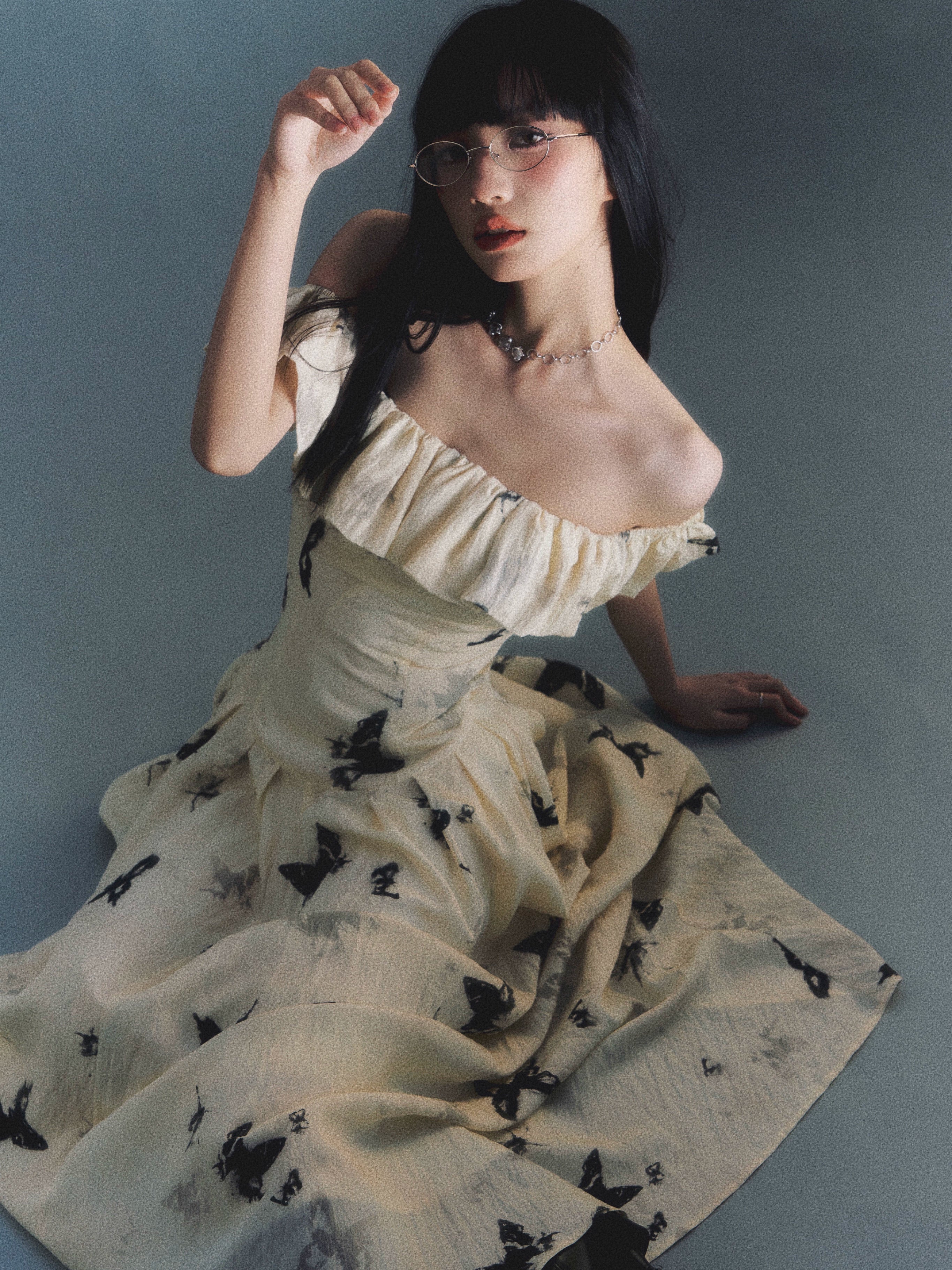 French Ink Butterfly Print Off-Shoulder Dress - chiclara