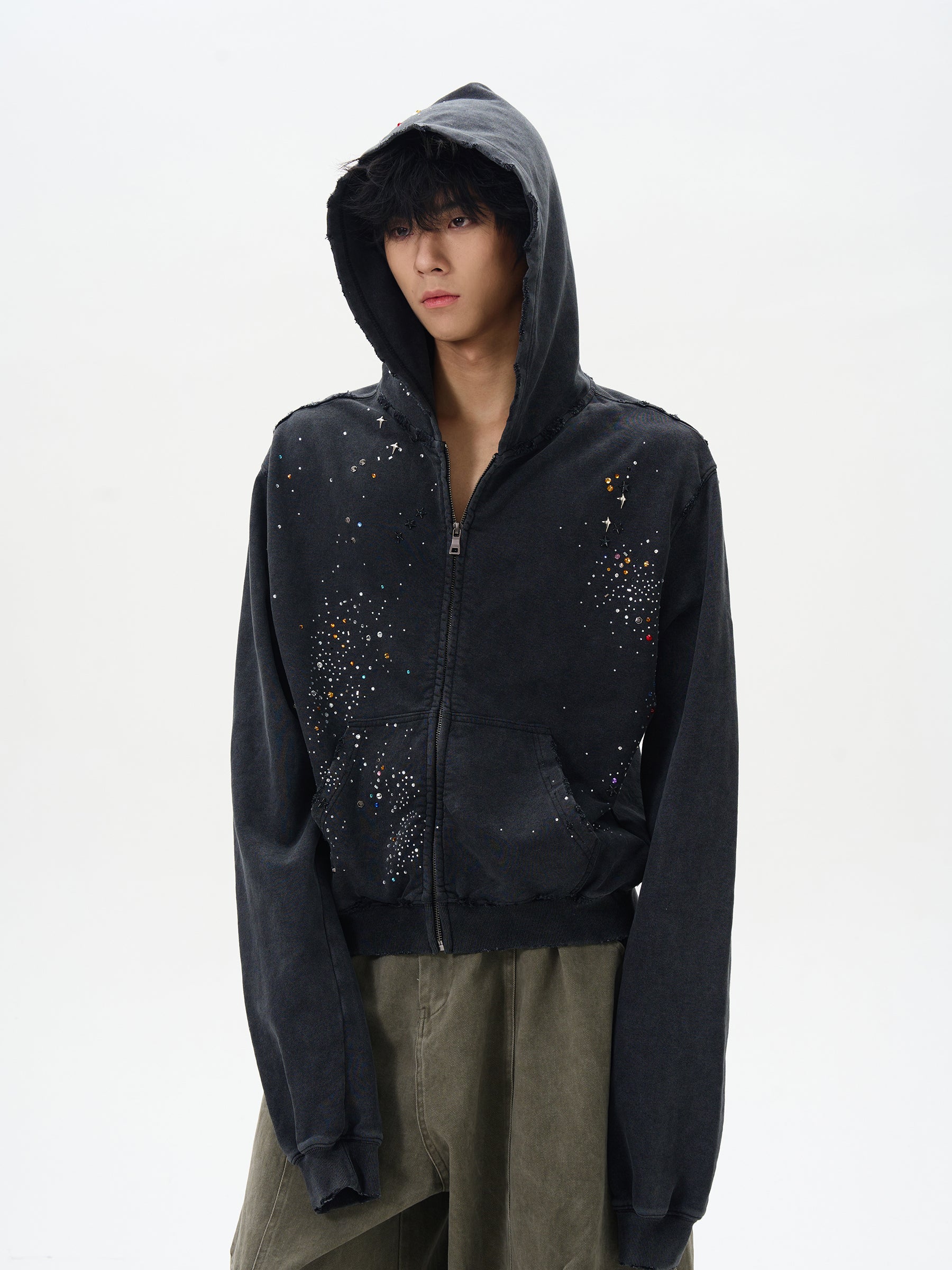 Black Distressed Zip-Up Hooded Sweatshirt
