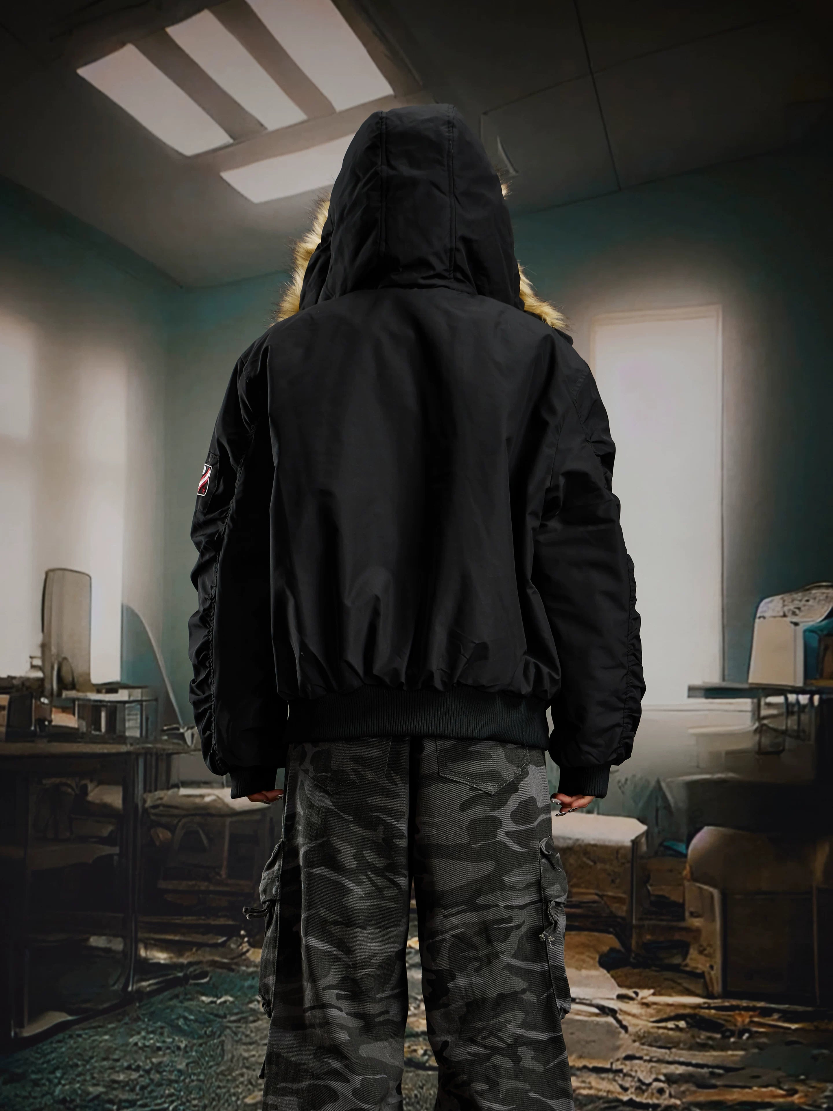 Frostline Fur‑Trim Hooded Bomber Jacket