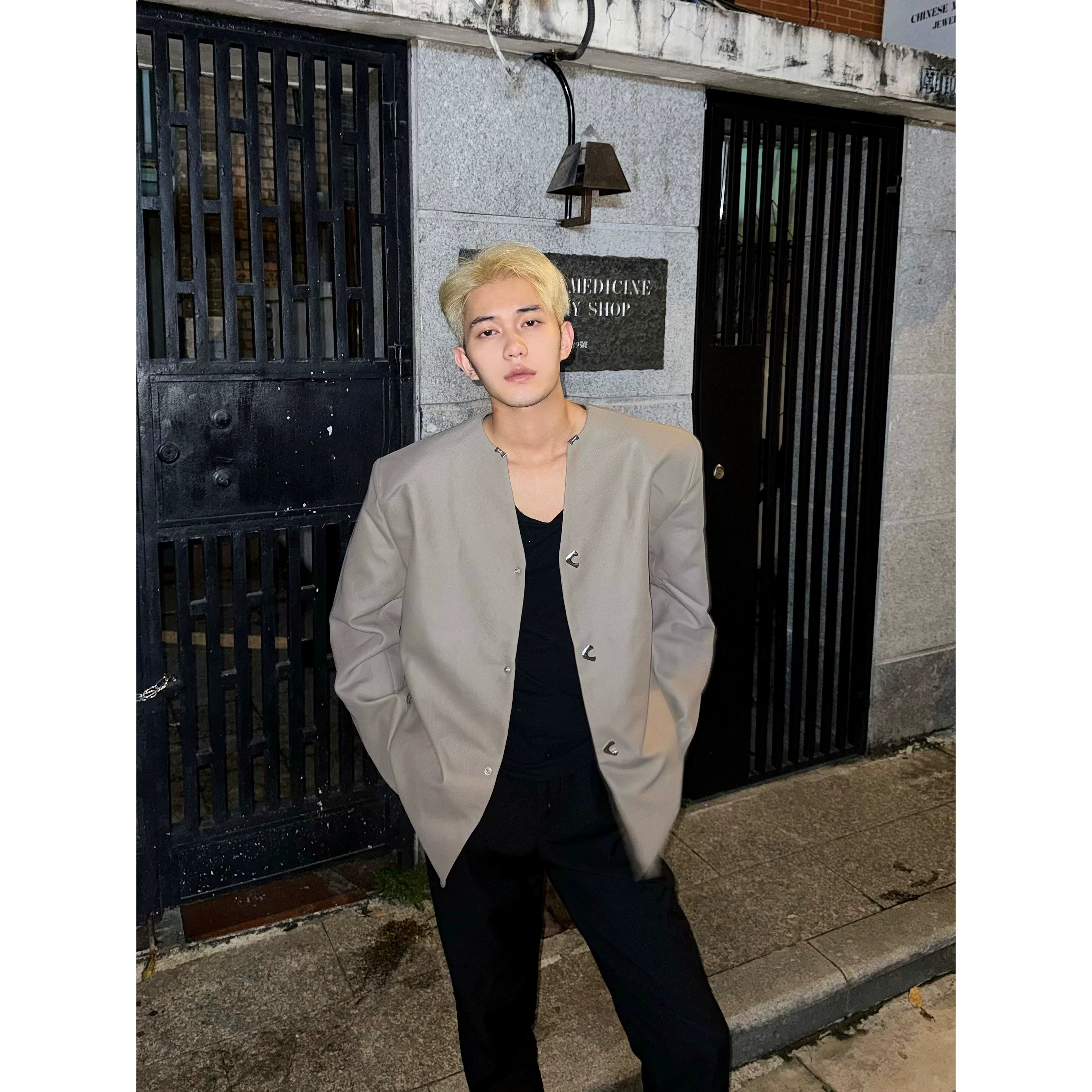Light Beige Collarless Long Coat with Asymmetric Button Fastening