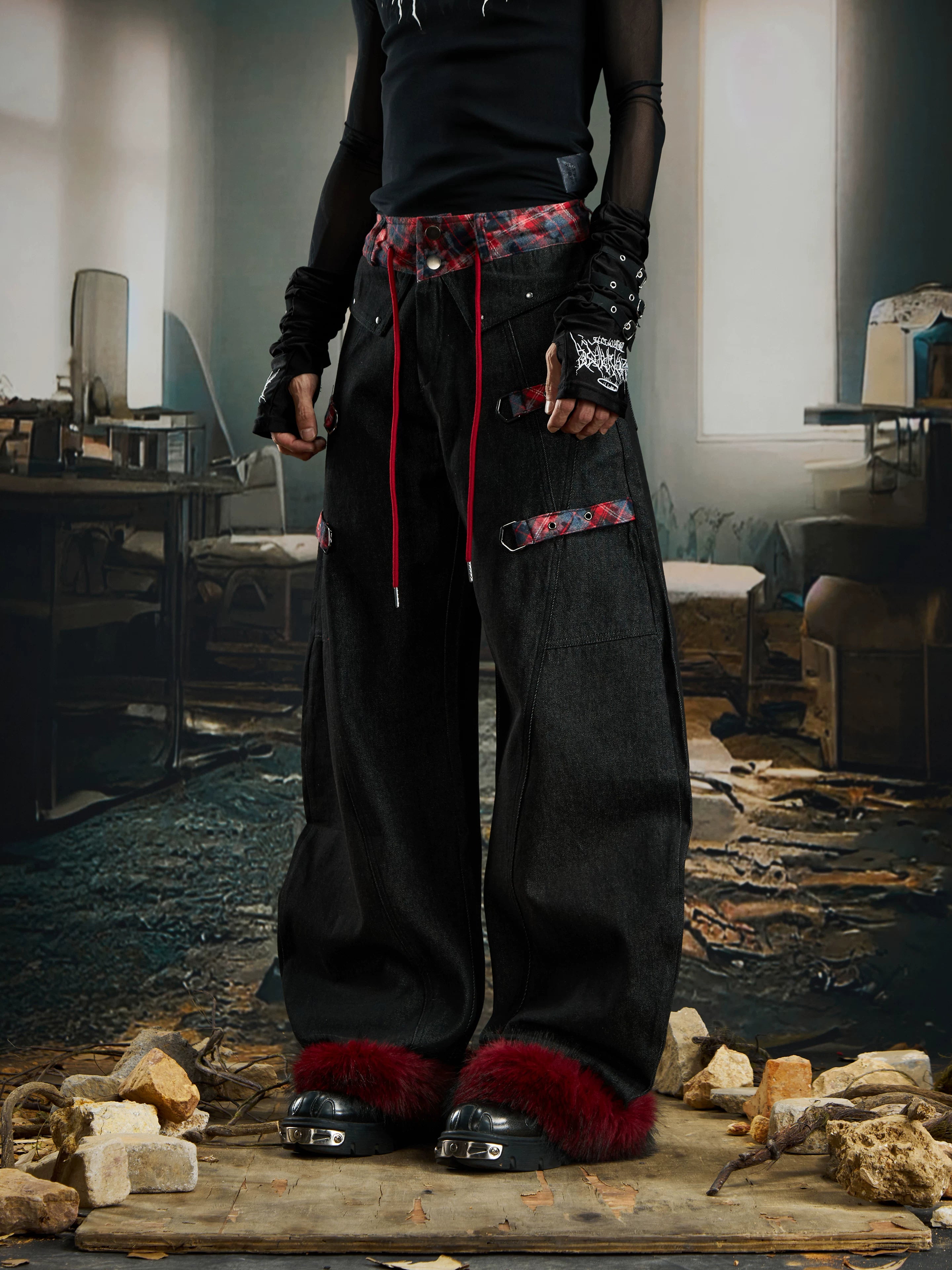 Crimson Plaid Fetters Fur Hem Pants