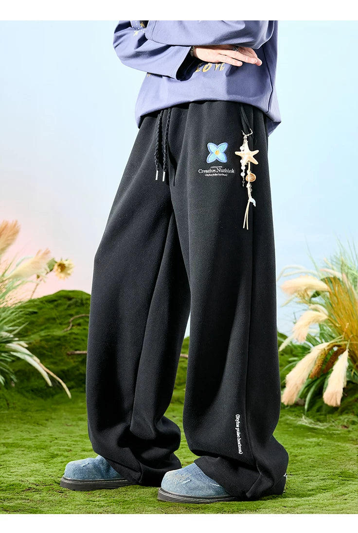Embroidered Floral Drawstring Wide-Leg Sweatpants