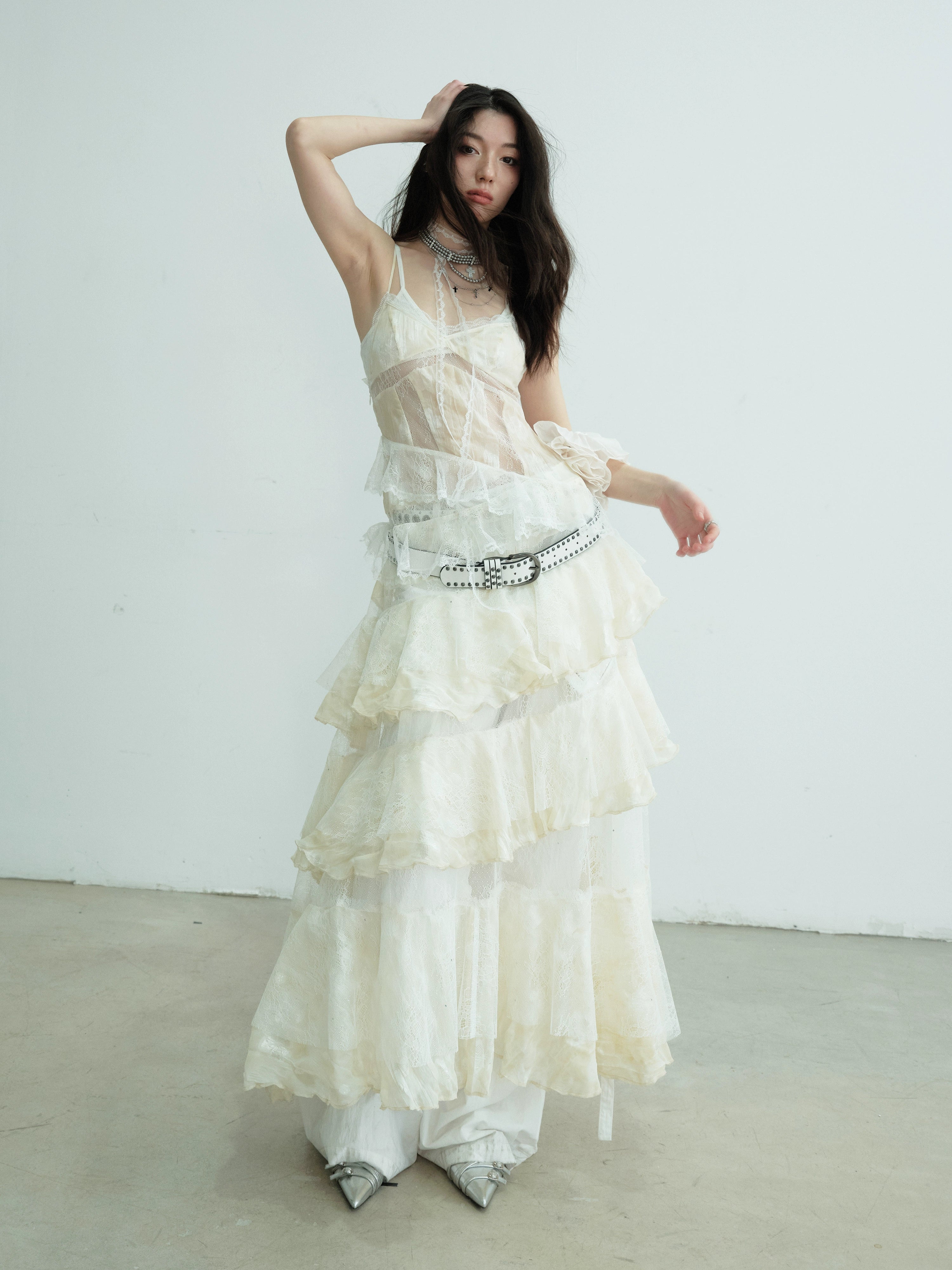 Tiered Ruffle Lace Maxi Slip Dress