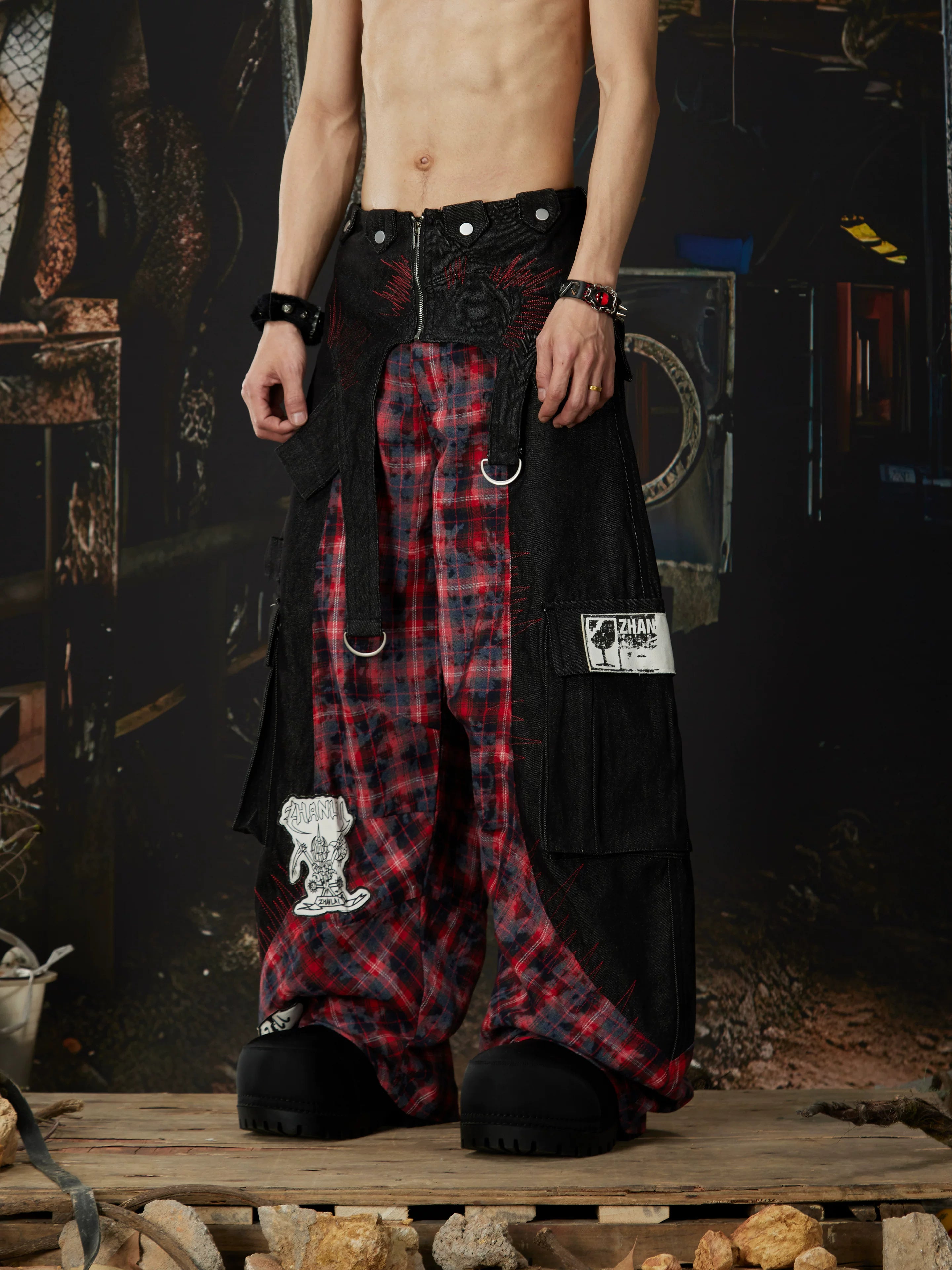 Riot Plaid Layered Trench Cargo Pants