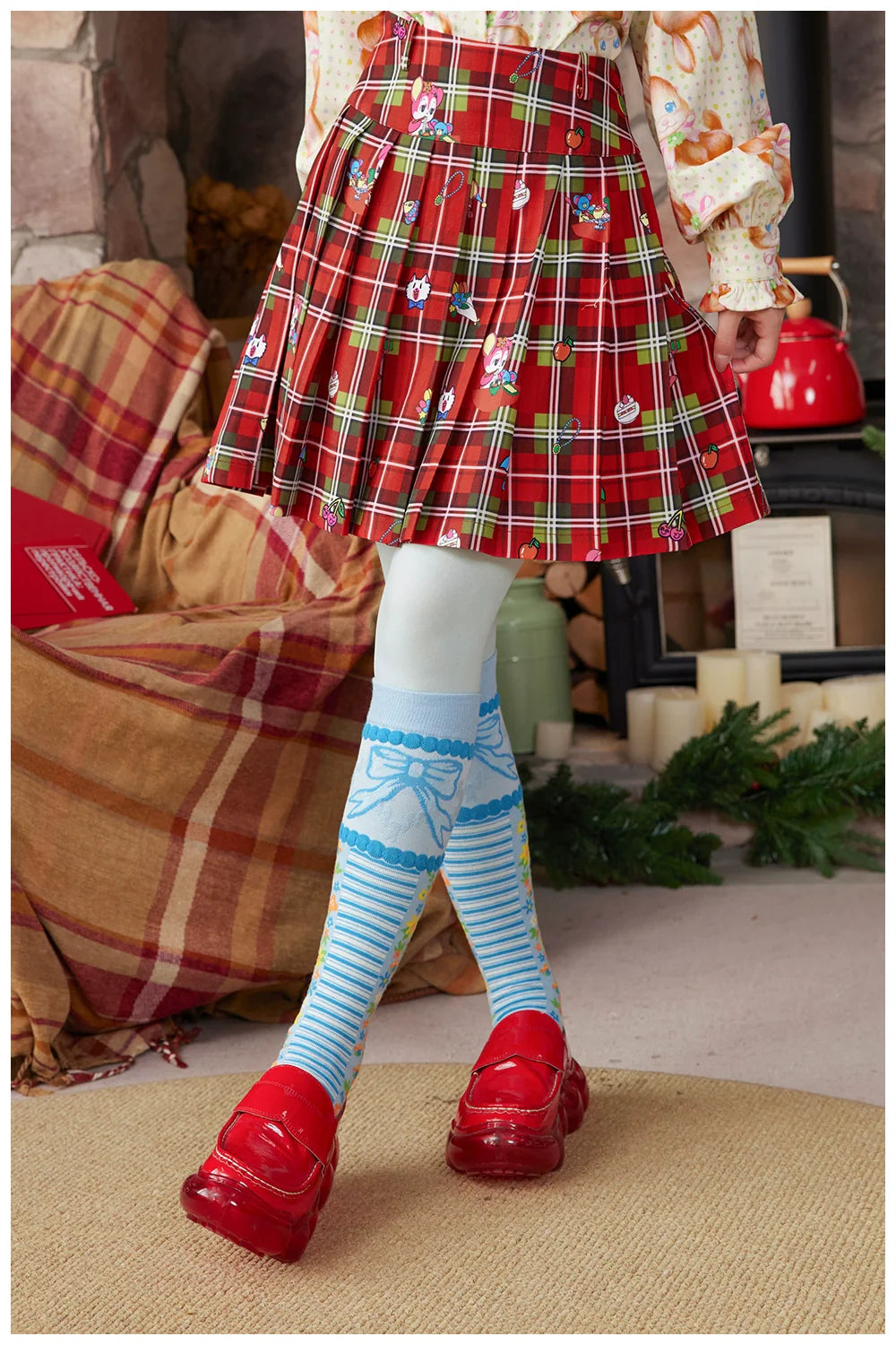 Red Plaid Cartoon Tennis Pleated Skirt