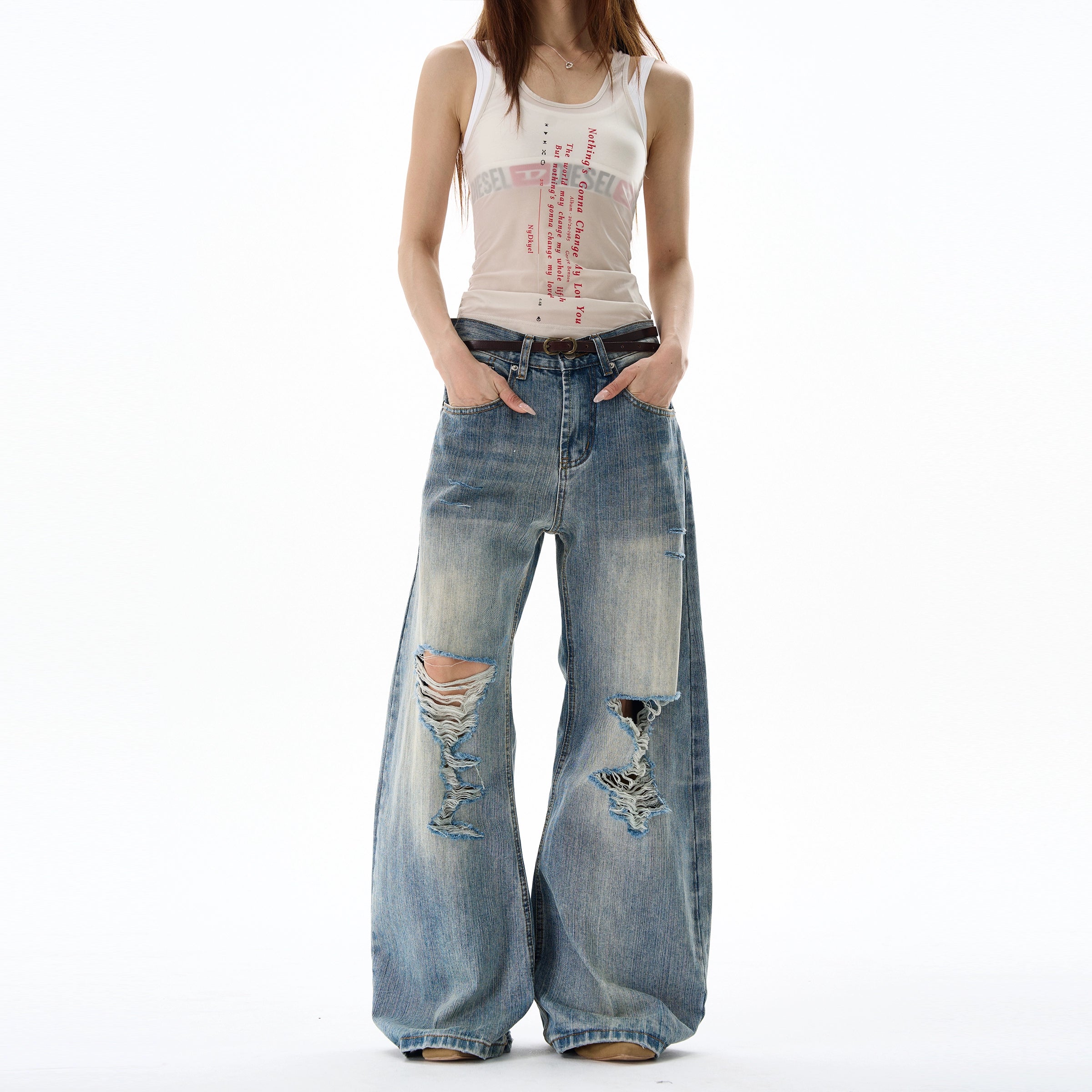 Heavy Knee Distressed Wide Leg Blue Jeans