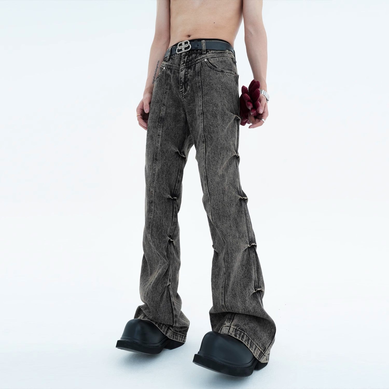 Pleated Distressed Bootcut Jeans
