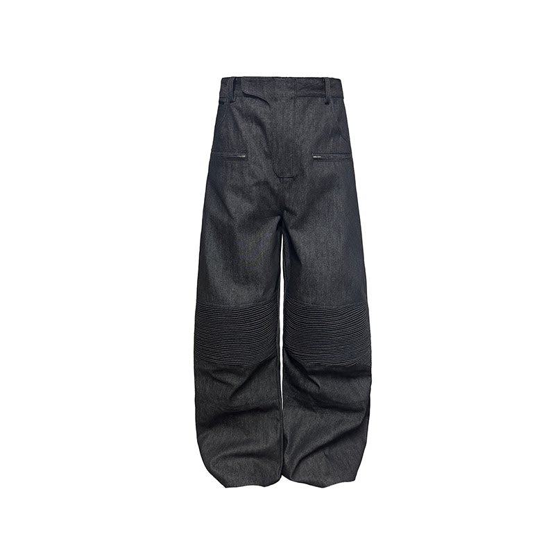 Ribbed Knee Panels Wide-Leg Denim Pants
