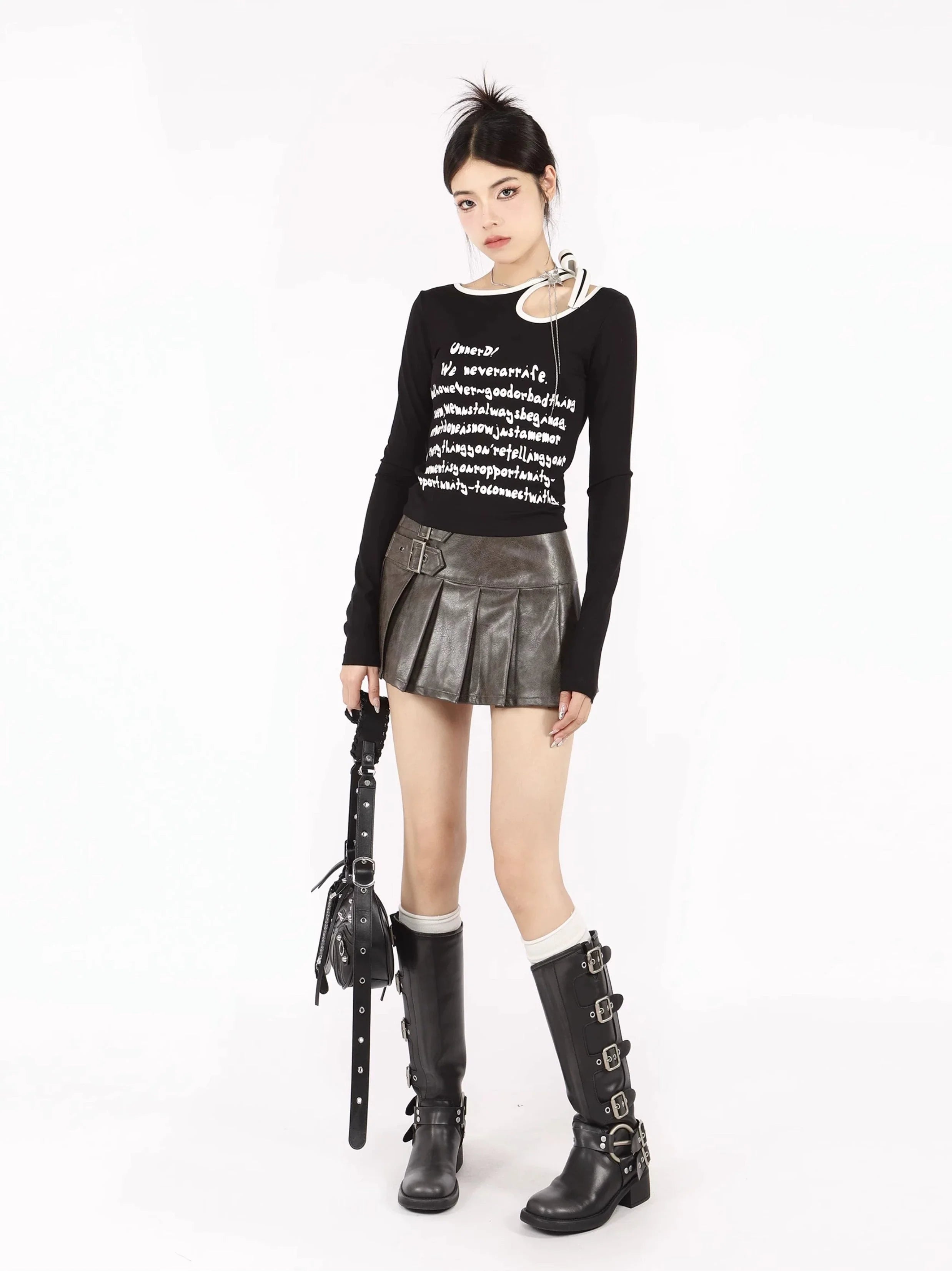 Buckled Leather Pleated Mini Skirt