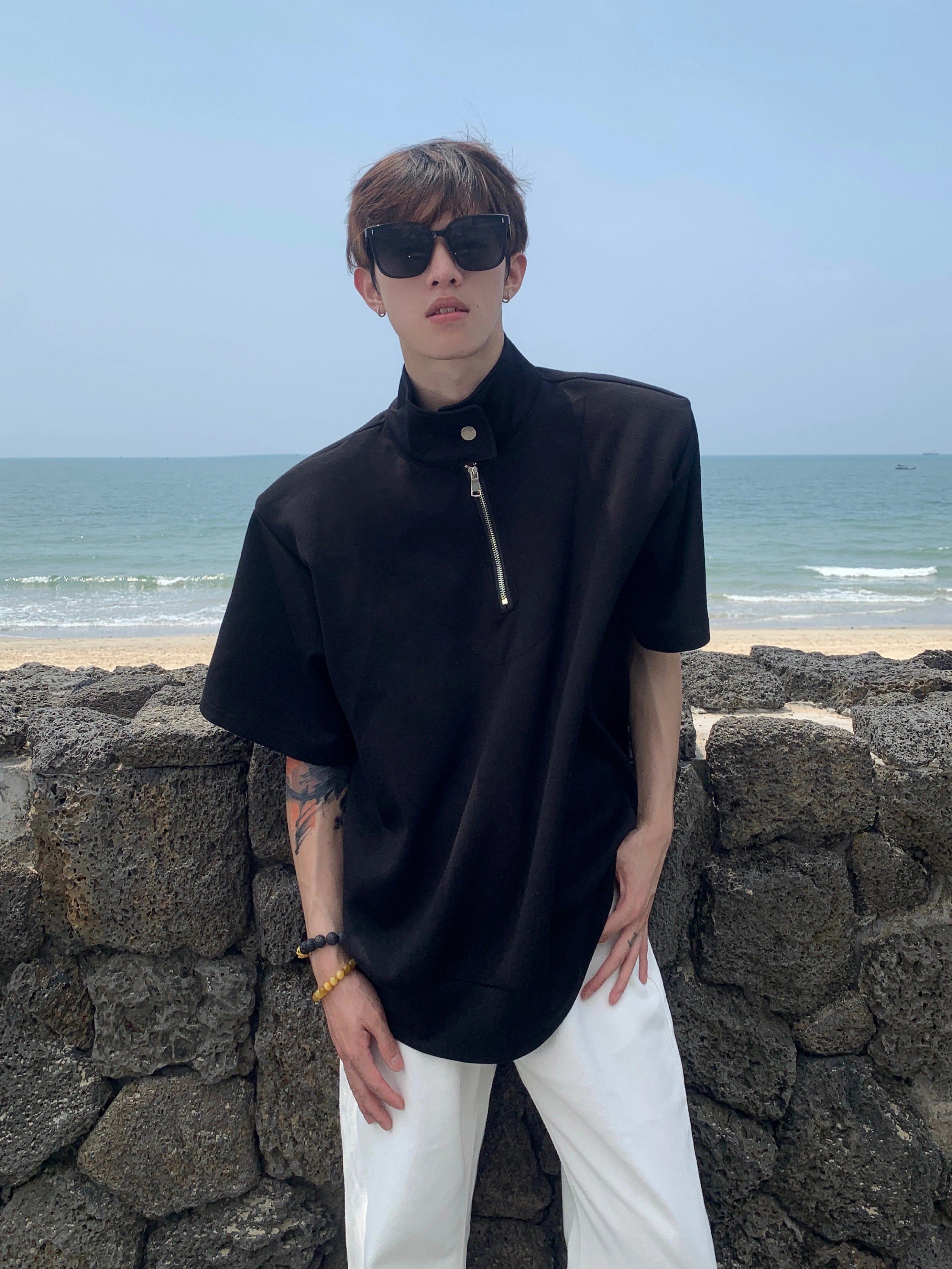 Gray Half-Zip Stand Collar Shirt
