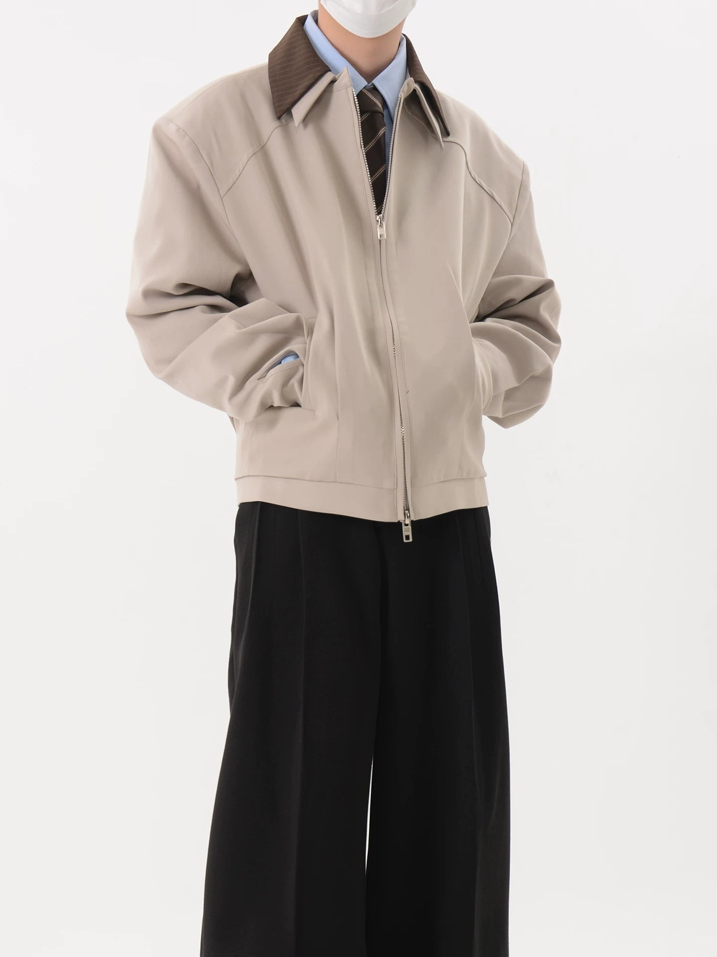 Taupe Ledger Contrast Collar Blouson