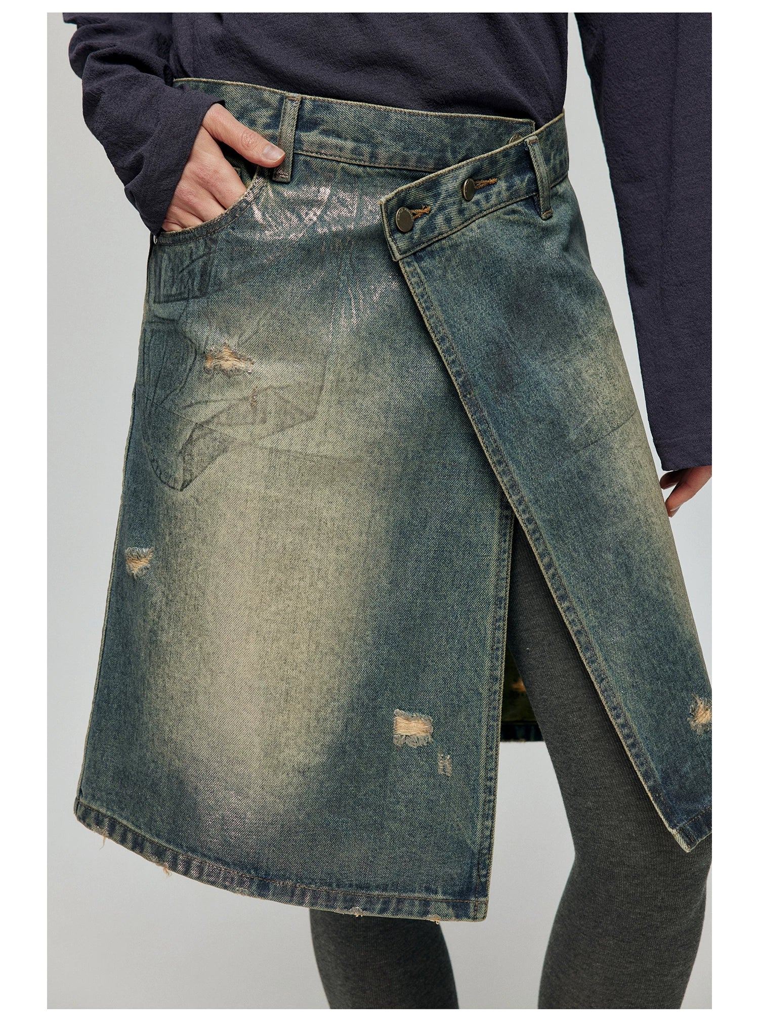 Distressed Denim Wrap Midi Skirt