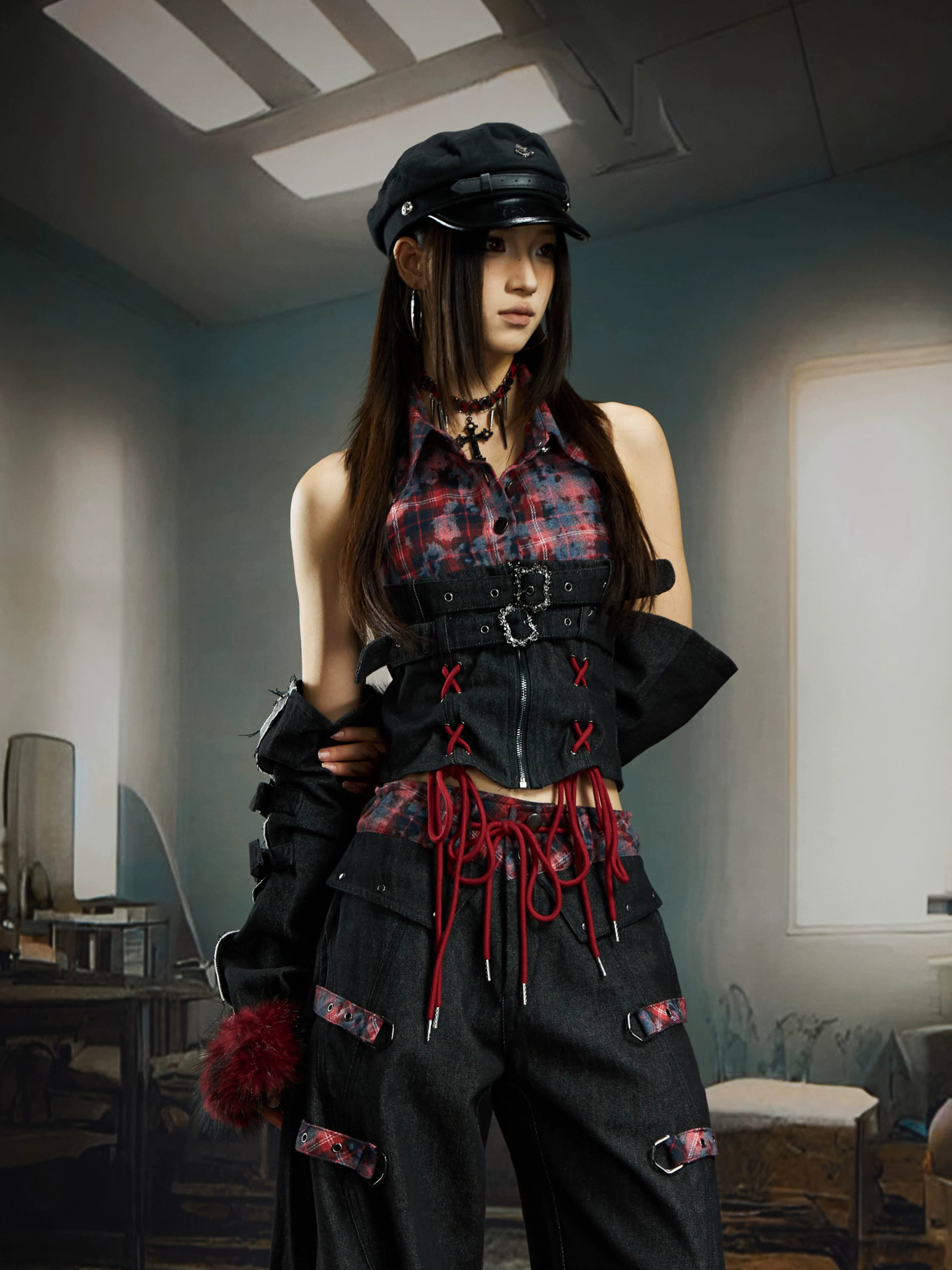 Crimson Howl Plaid Corset Armwarmer Top