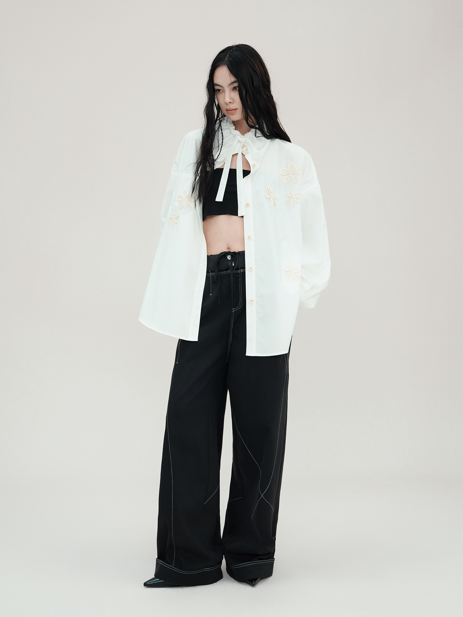 Black Contrast Stitch Wide Leg Pants